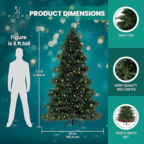 Miniatura 36 de Naomi Home Árbol de Navidad nórdico de 7.5 pies con luces, árbol de Navidad realista y encantador preiluminado con 1266 puntas de rama, 700 luces