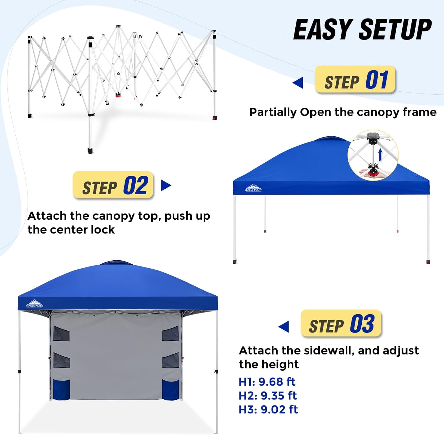 EAGLE PEAK Commercial Canopy 10x10 with Sidewall Storage, Easy OnePerson Setup Pop Up Canopy Tent with Roller Bag, Stakes, Ropes, and Weight Bags, Blue