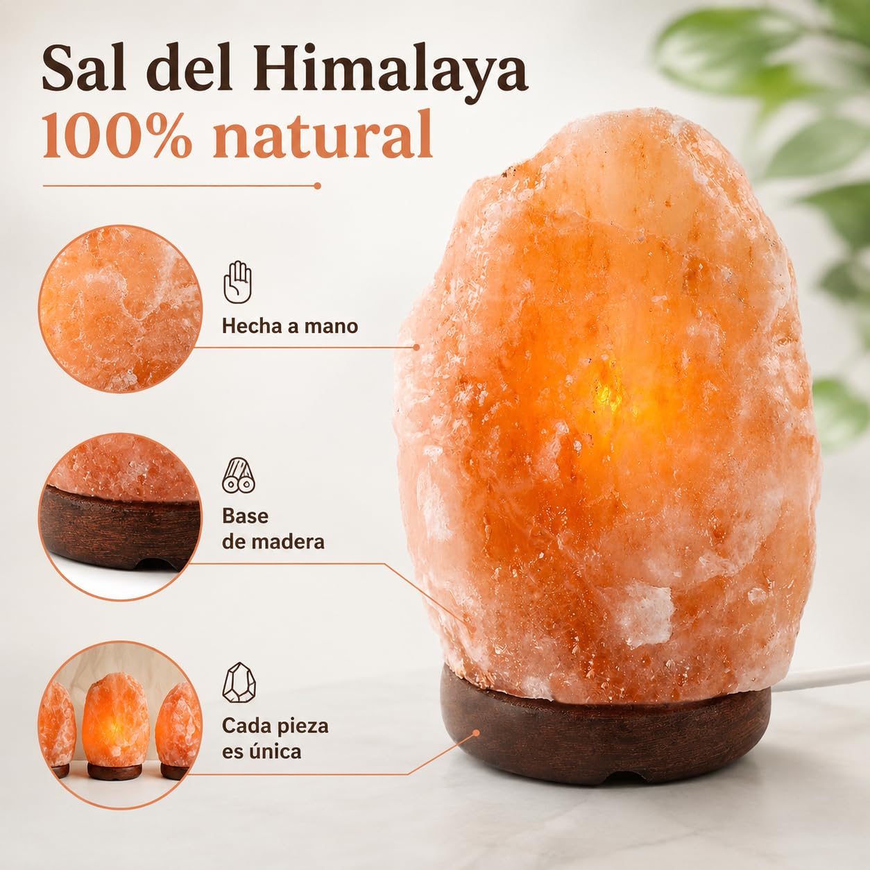 Etrexonline Lámpara de Sal del Himalaya con Base de Madera 100% Natural Hecha a Mano Cable y Bombilla Incluida (1,5-2kg)