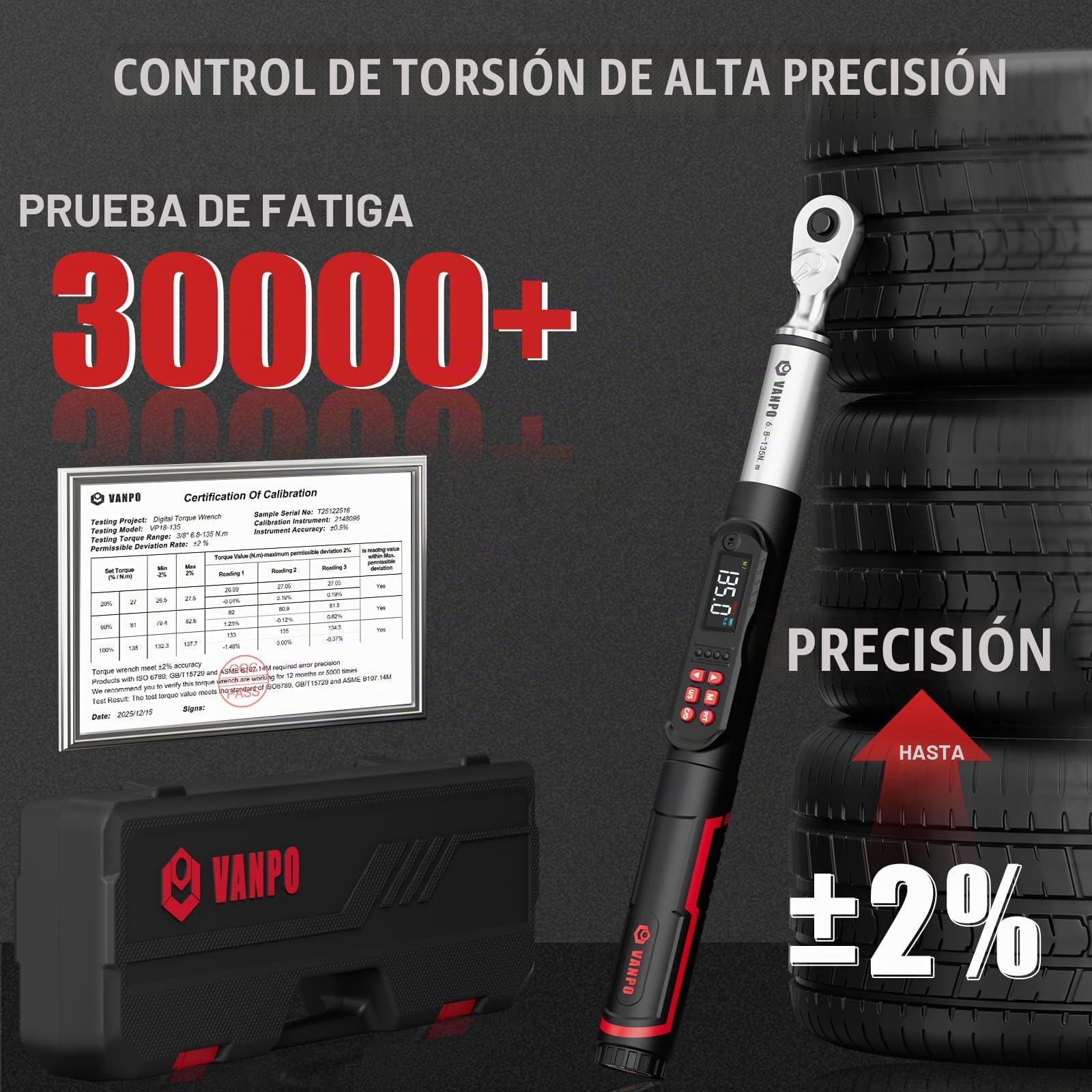 VANPO Llave Dinamometrica Digital 3/8", 6.8-135 NM Electronica Llave Dinamometrica con Pantalla LCD, 4 Unidades, Aviso Sonoro y Vibratorio, Trinquete Reversible ±2% para Coche Moto & Bicicleta | Llave dinamométrica electrónica con pantalla LCD, 4 unidades