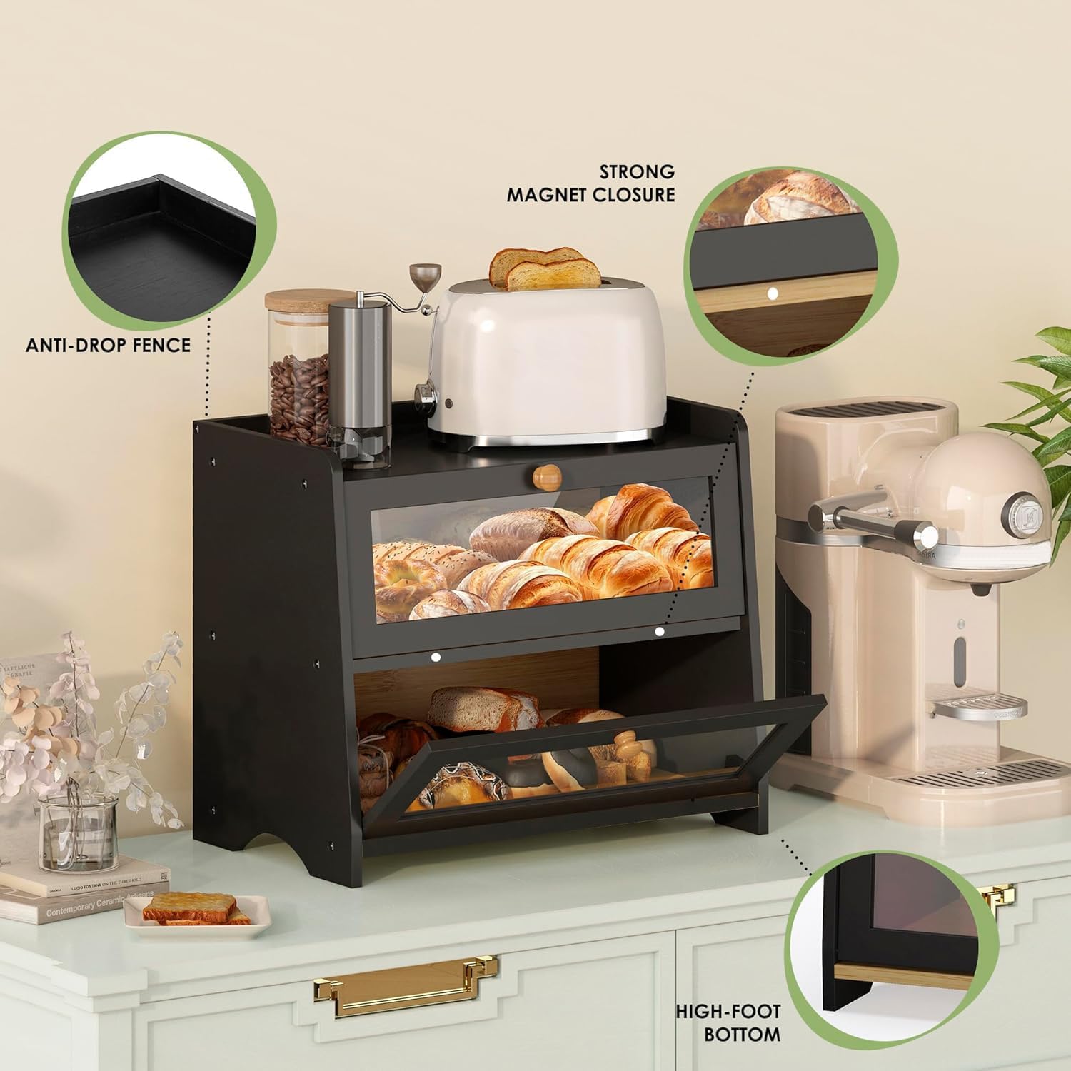 Double Layer Bread Box for Kitchen Countertop, Large Breadbox Bread Container Storage with Acrylic Door, Wooden Farmhouse Bread Holder (Black, Medim-15.7" L x 9.5" W x 13" H)