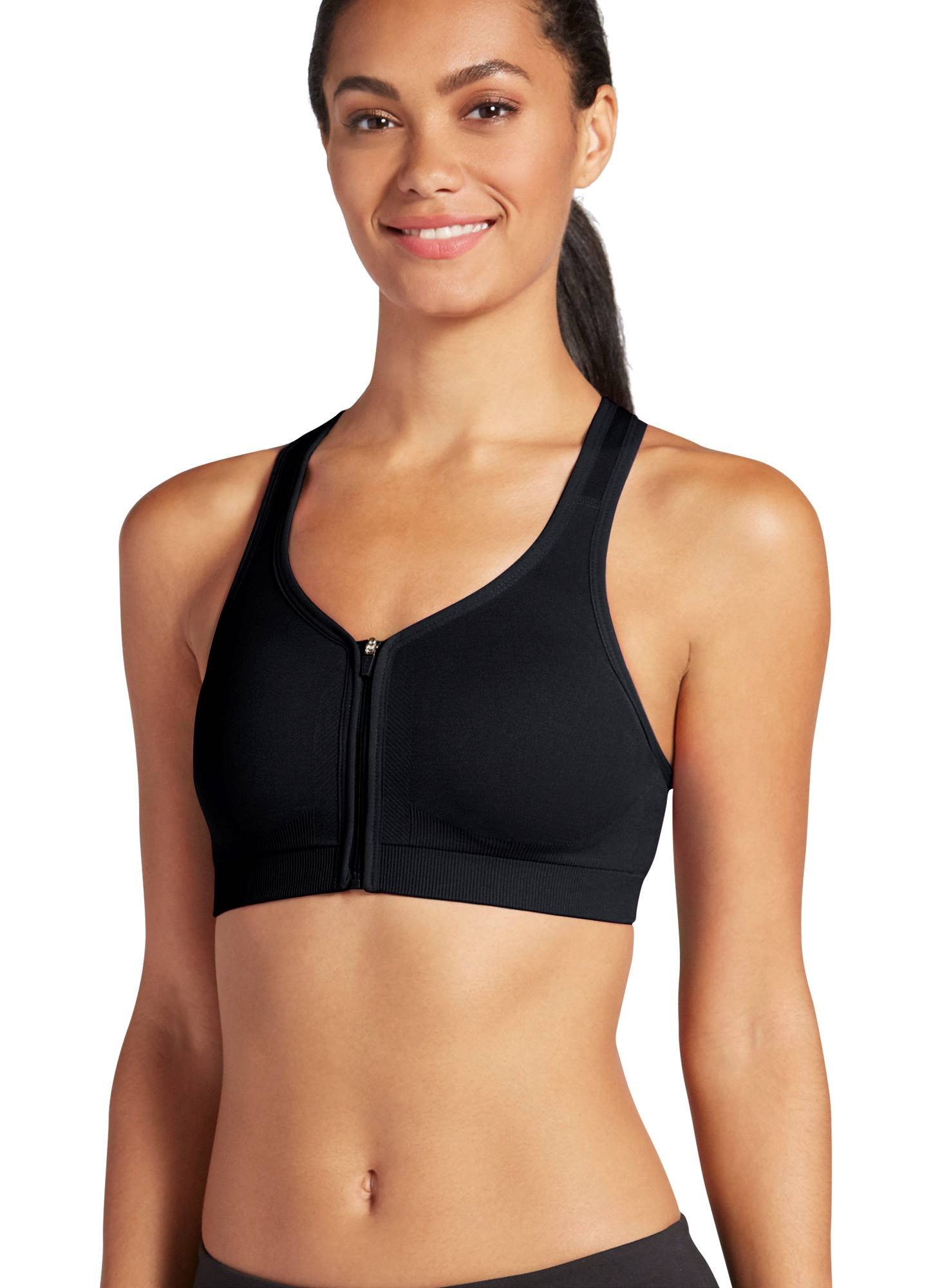 Jockey Women's Mid Impact Zip Front Sports Bra, Opaque, Black, M
