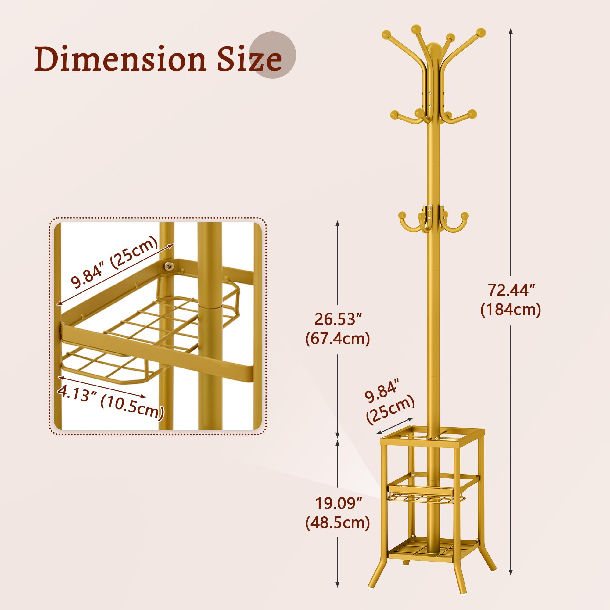 FAVOOSTY Garderobenständer mit Schirmständer, Kleiderständer mit 12 Hooks, Jackenständer Stehend, Coat Rack, Garderobe ständer für Wohnzimmer, Schlafzimmer Weiß (Gold)