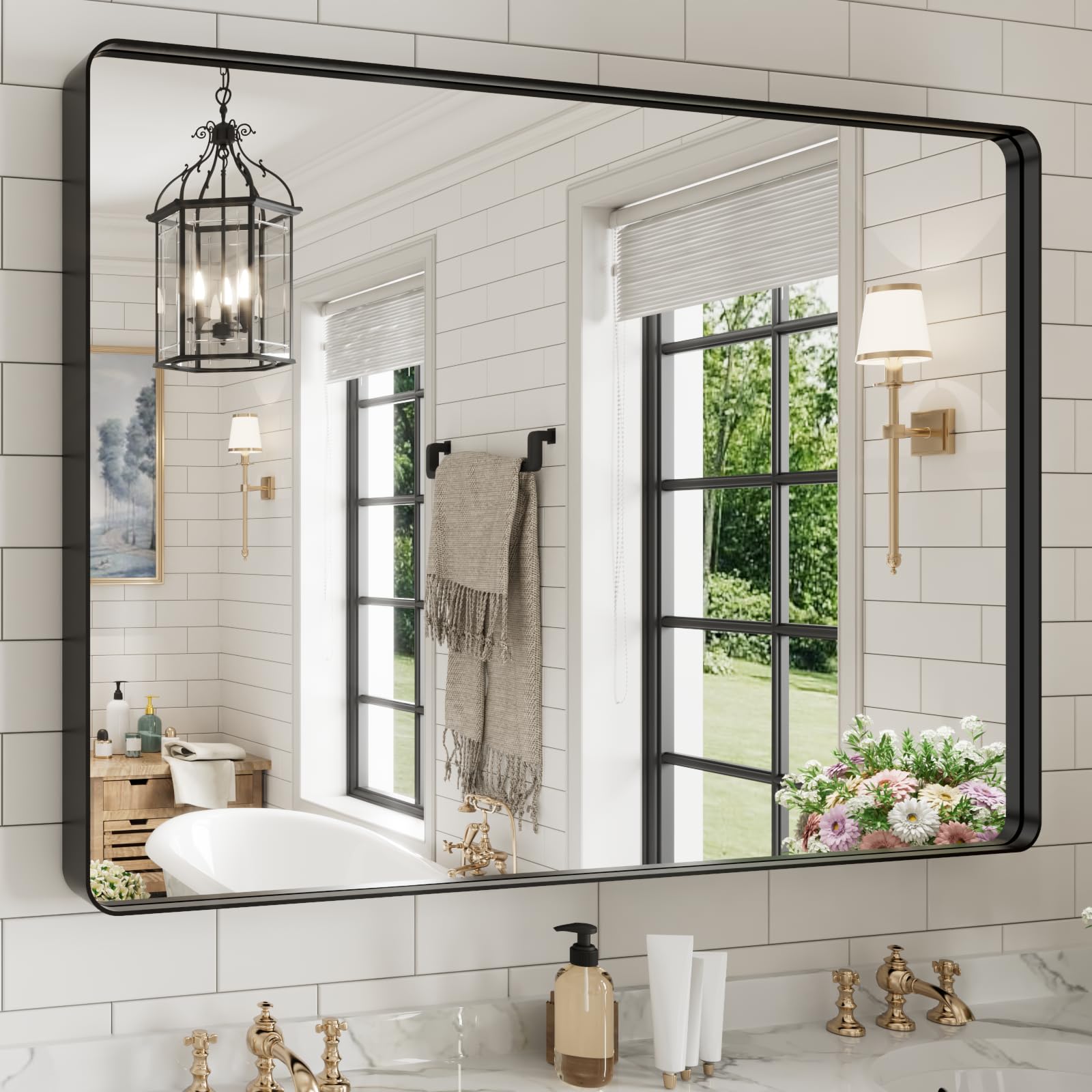 WEER Black Bathroom Mirror for Wall, 36 x 32 Inch Matte Black Mirror, Rectangular Black Metal Framed Vanity Mirror with Tempered Glass, Rounded Corner, Anti-Rust (Horizontal/Vertical)
