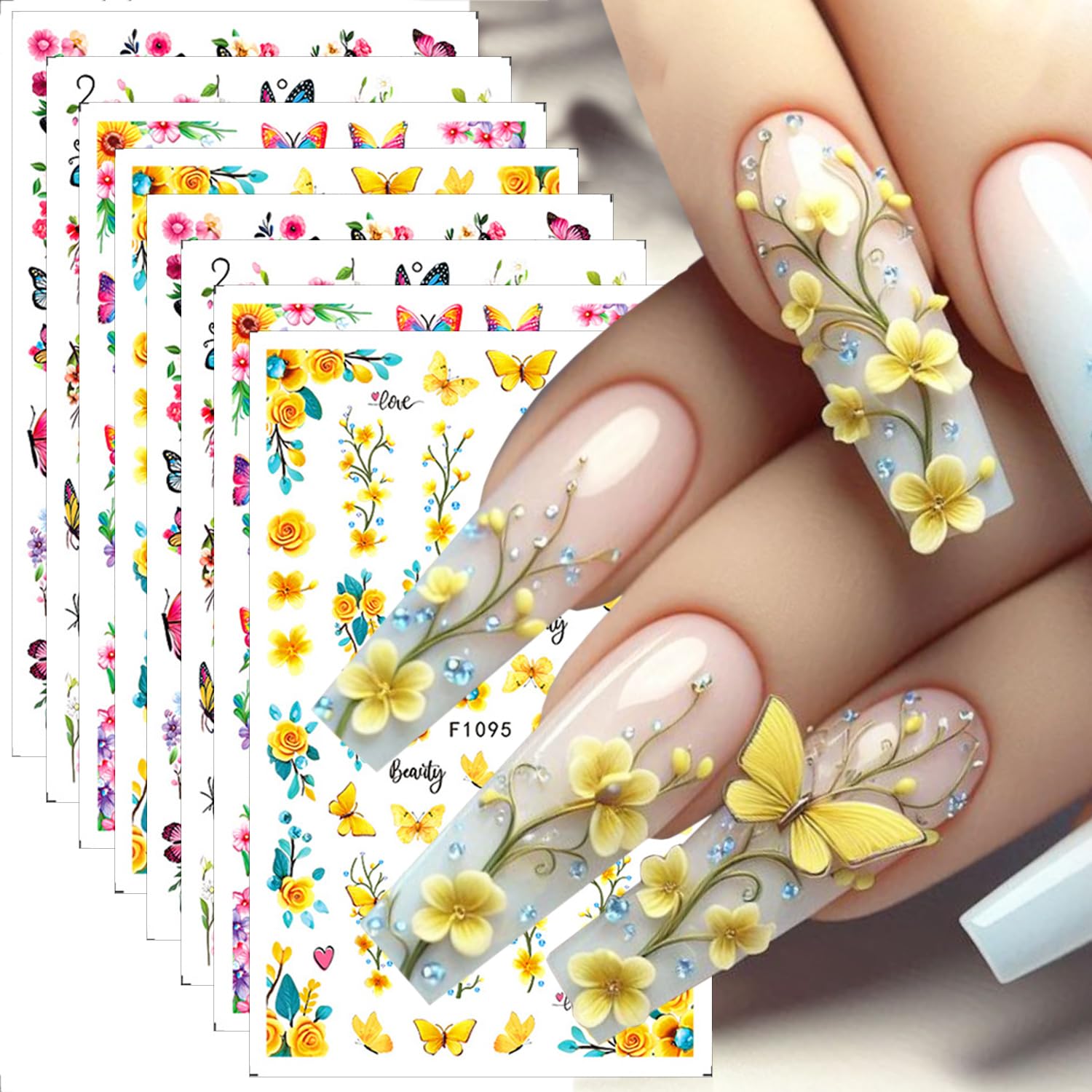 8 Sheets Colorful Butterfly Nail Art Stickers Spring Flower Nail Decals 3D Self-Adhesive Yellow Flowers Leaf Nail Supplies Summer Butterfly Nail