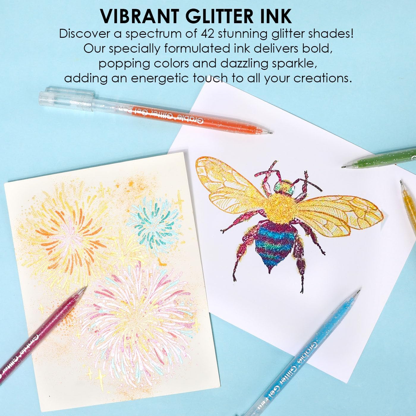 Grabie 42 Capped Glitter Gel Pen Set, 18 Iridescent&24 Essential Color Pens, Smooth Rollerball Tip, Metallic Sparkly Gel Pens for Coloring, Set of 42 Gel Pens Colored