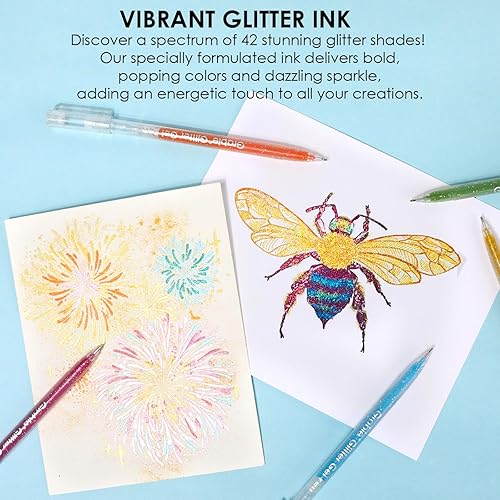 Vista 7 de Grabie Juego de 42 bolígrafos de gel con purpurina con tapa, 18 bolígrafos iridiscentes y 24 bolígrafos de colores esenciales, punta redonda suave