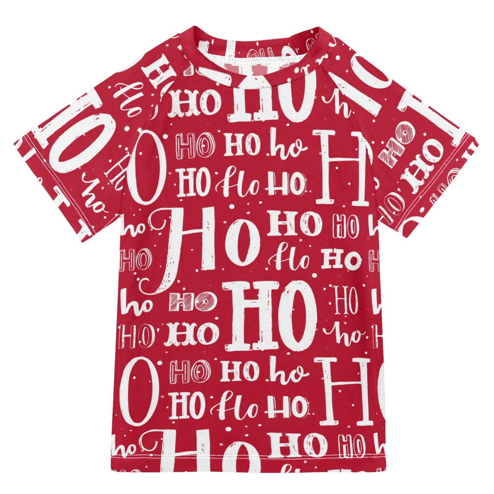 Aflyko Christmas Boys' Swim Shirt Ho Ho Ho Red White Rash Guard Beachwear Sun Protection Fishing Hiking Camping Surfing Swimming Toddler Infant Summer Daily T-Shirt, 4T