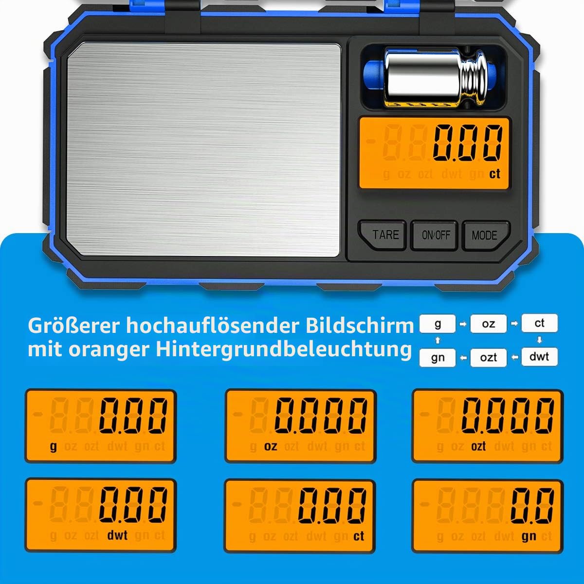 Brifit Feinwaage 0,01g, 200 x 0.01g Taschenwaage Digitalwaage mit EIN 50g Edelstahl Kalibriergewicht, Grammwaage, Münzwaage, Goldwaage mit Tara-Funktion, 6 Einheiten Konvertierung (Blau)