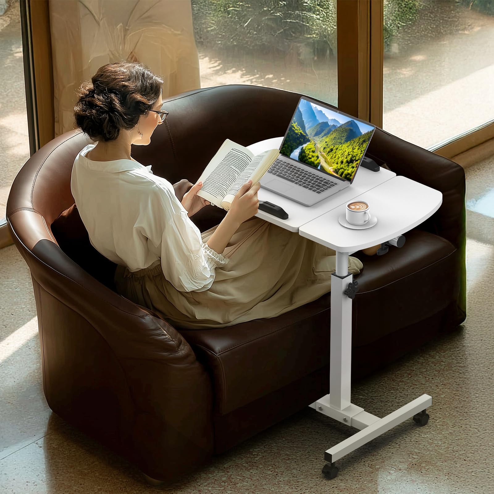 Huracan Table de lit avec roulettes pour ordinateur portable, réglable en hauteur, 59 à 89 cm, double plateau 40 x 40 et 20 x 40, mobile, table de chevet, pour lit d'hôpital, chambre et salon, blanche