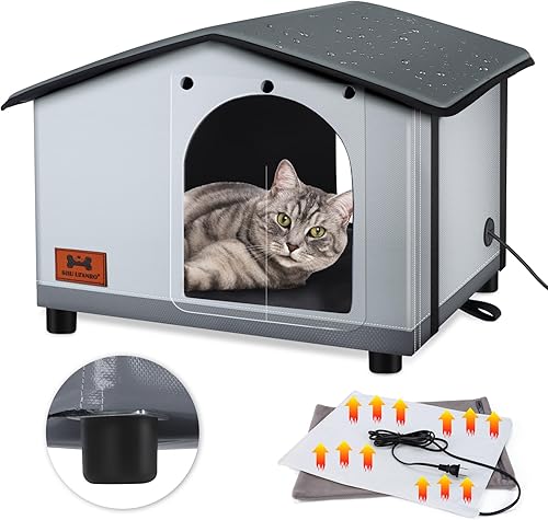 Insulated Heated Cat House Indoor/Outdoor, Weatherproof Cat House with Heated Pad for Winter, Outside Shelter for Feral Cats and Small Dogs (20"x17"x16")