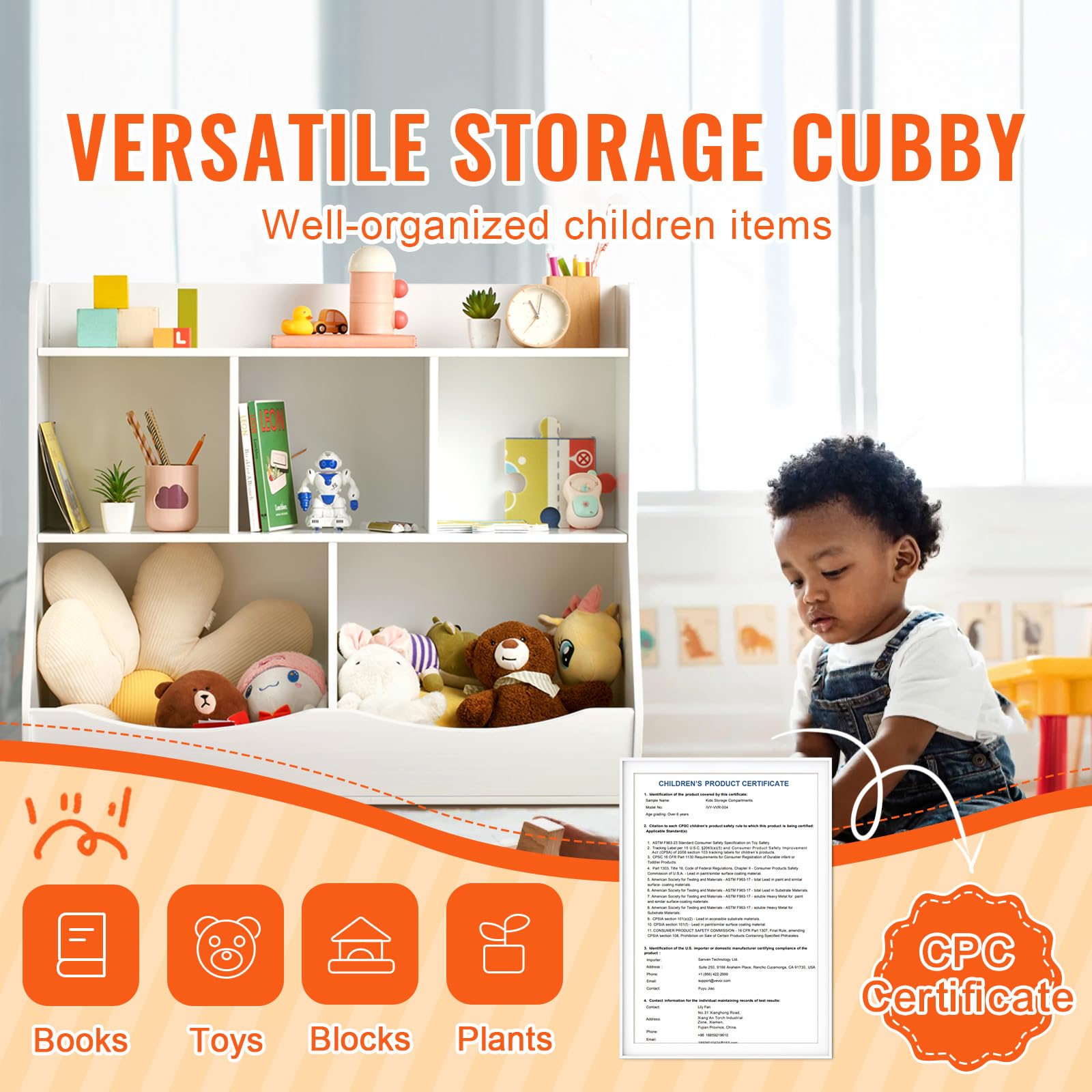 VEVOR Scaffale Portaoggetti in Legno per Bambini, Organizzatore Giocattoli con Scaffale per Libri, Armadietto per Camera Giochi