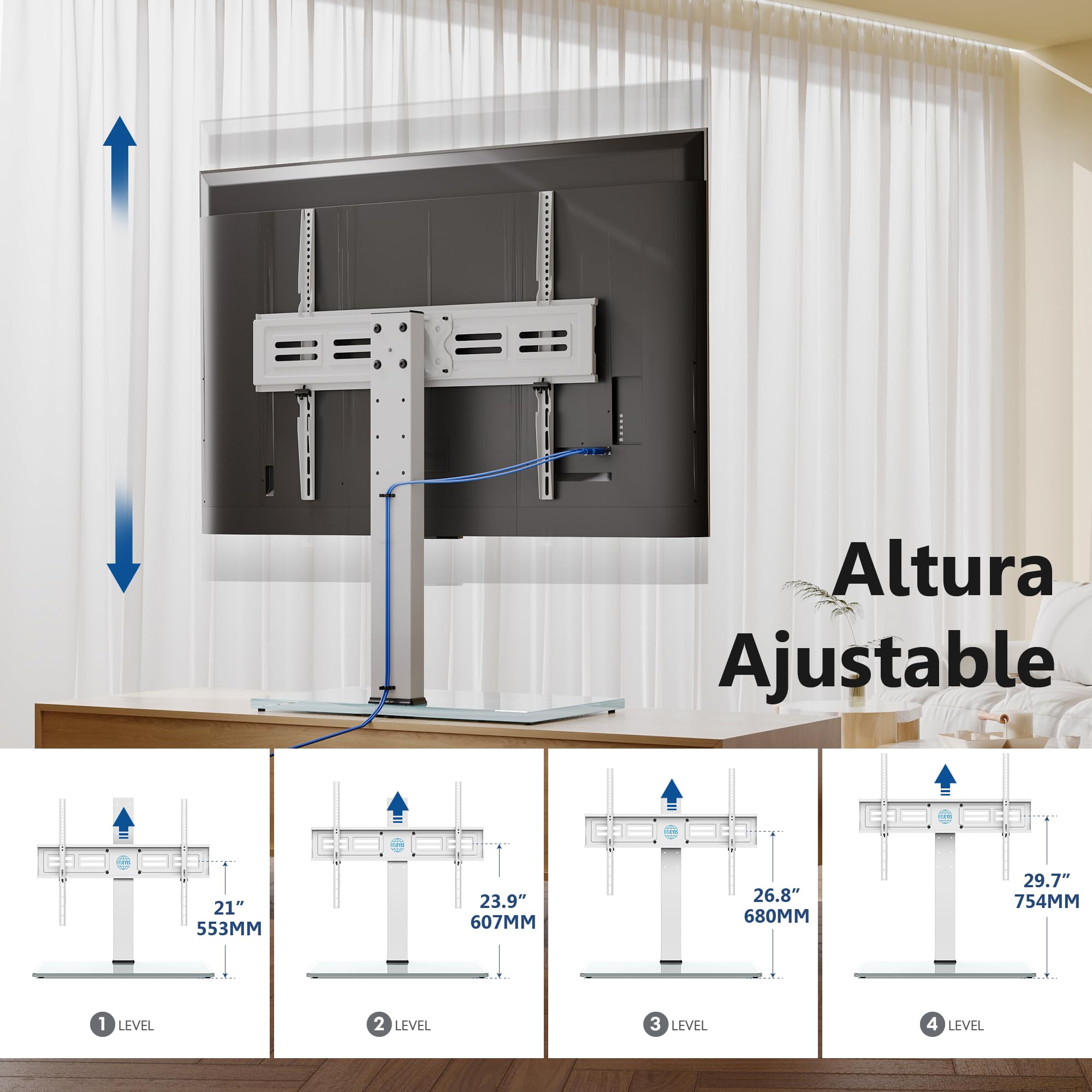 FITUEYES Soporte TV Pie Blanco para Pantalla de 50 a 85 Pulgadas hasta 50kg, Soporte TV Universal con Base de Crista, Altura Ajustable & Giratorio, MAX VESA 600x800mm Carga 50kg