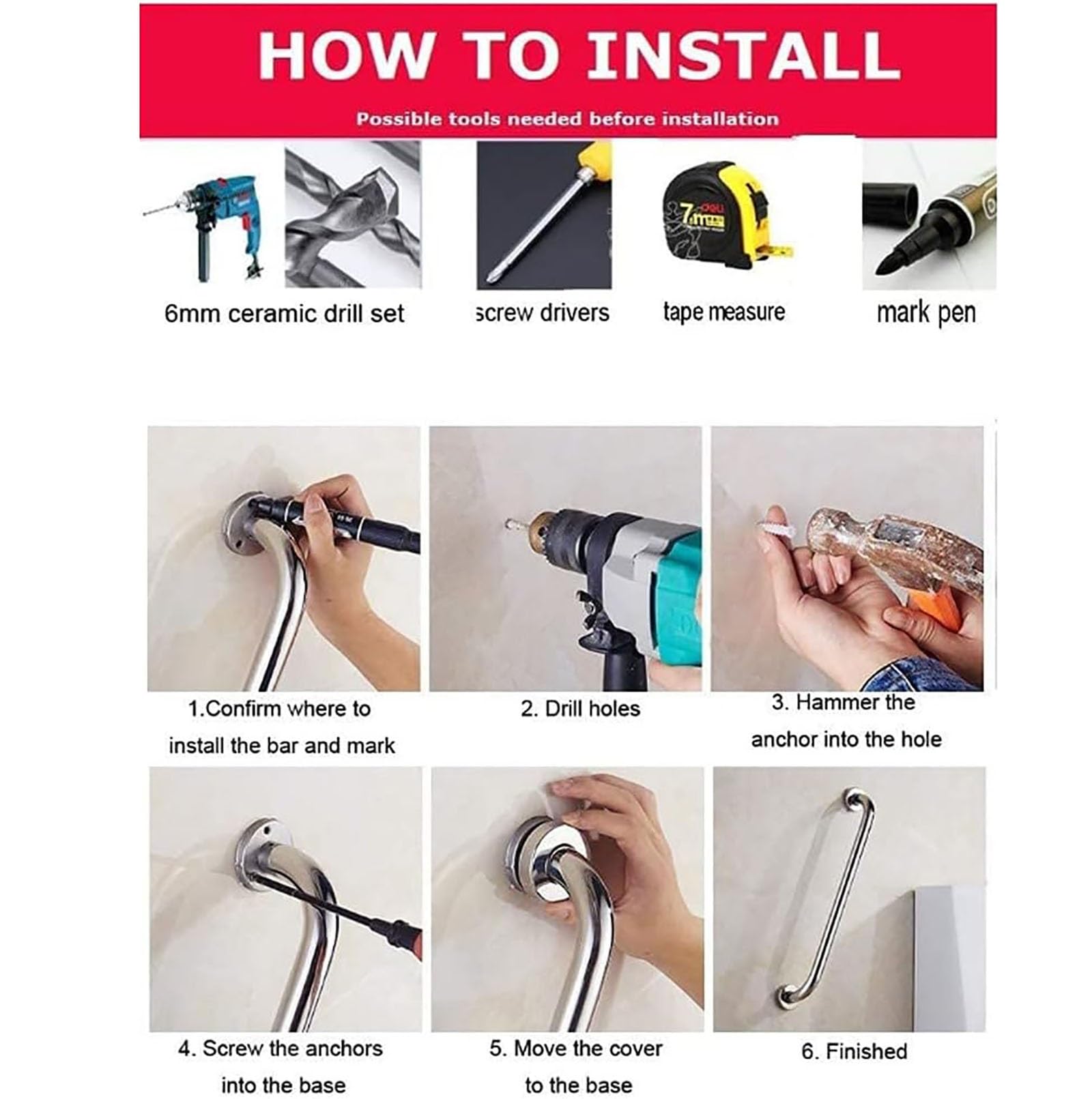 Barra de Seguridad para Baño, Asidero de Acero Inoxidable para Ducha, Barra de Equilibrio para Baño, Soporte de Seguridad para Barandilla de Pared, Asidero de Ayuda para Minusválidos y Ancianos (Size