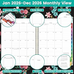 2026 Planner - Planner 2026 Weekly and Monthly, January 2026 - December 2026, 9 x 11, 2026 Calendar Planner with Colorful Tabs, Back Pocket, Twin-wire Binding - Floral