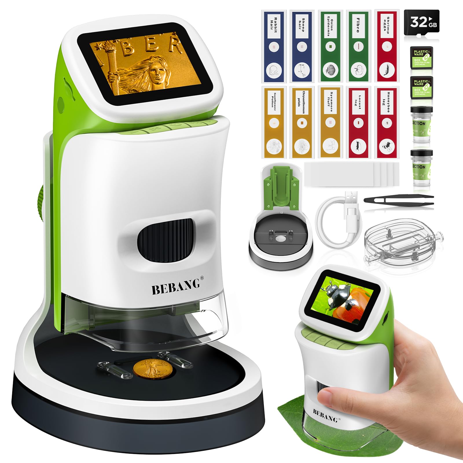 Detachable Kids Handheld Microscope Miniscope - 4K 2.0" HD Screen, 1000X Digital Pocket Toy Microscopes for Boys & Girls Ages 4-12 - Portable Science Stem Kit with Slides Set, 32G Card & EVA Case