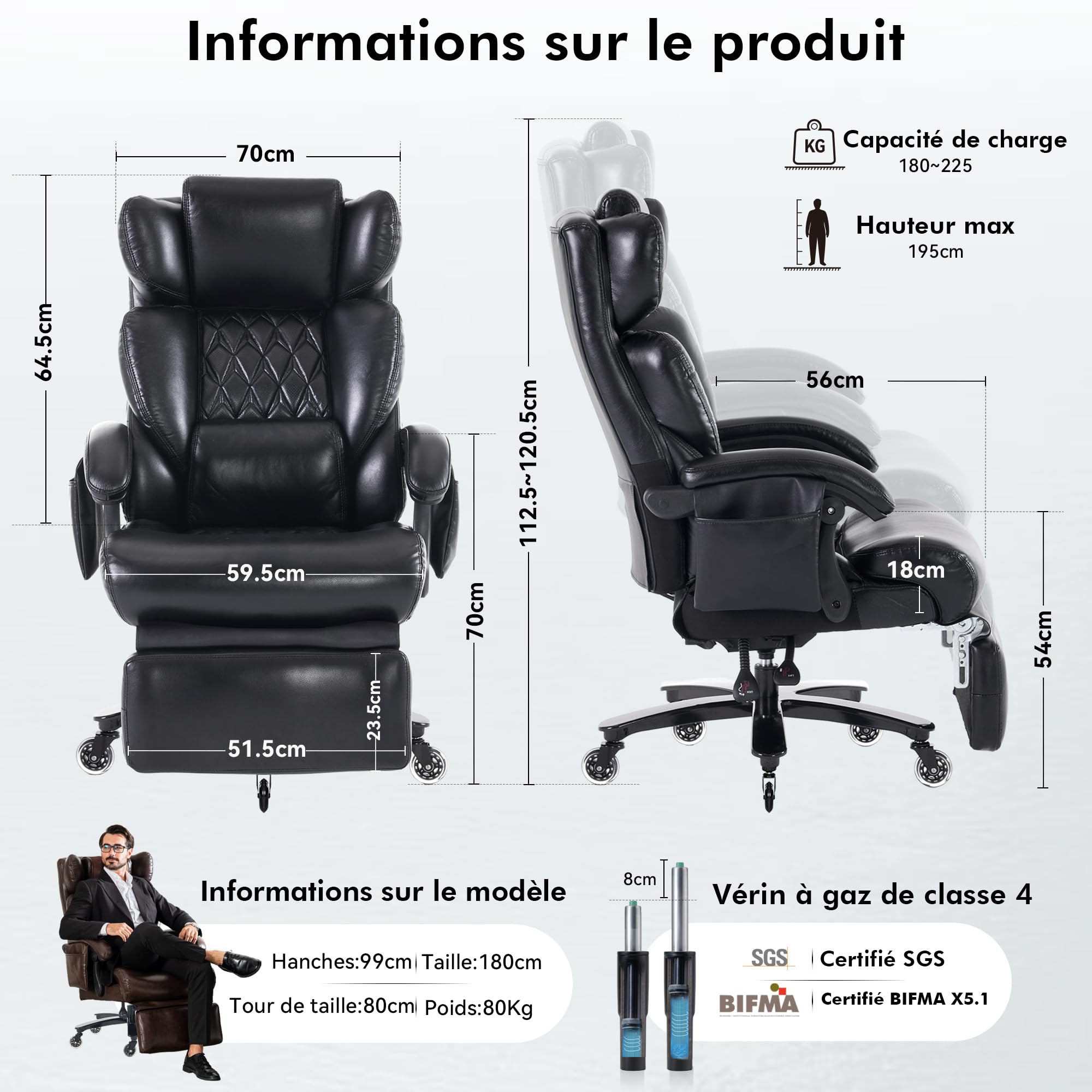 DEKKETO Chaise de Bureau Massante Chauffante, Ergonomique, Cuir PU, Noir