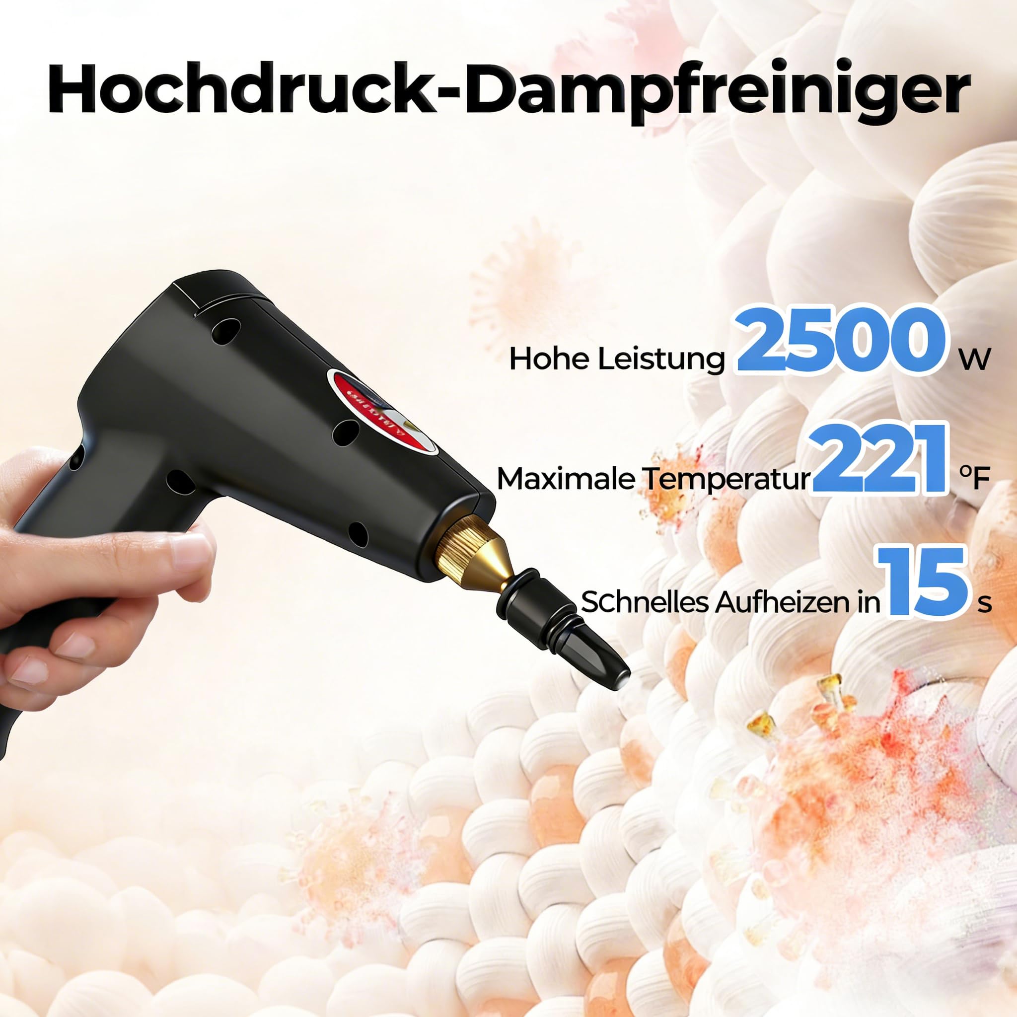 Dampfreiniger Handgerät 2500W für Haus & Auto,Tragbarer Handdampfreiniger mit 6 Dampfstufen,15s Schnelles Aufheizen & 1,7L Wassertank, Multifunktionaler Haushaltsdampfreiniger für Boden Teppich Sofa