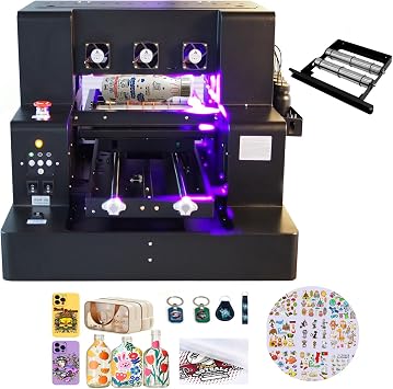 UV Flatbed Printer, A3 UV Printer, Higher Resolution 5760 * 1440dpi,UV DTF Printer Machine with Bottle Holder for Phone Case Cups Stickers Wood Acrylic Leather ABS PVC A3 L1805