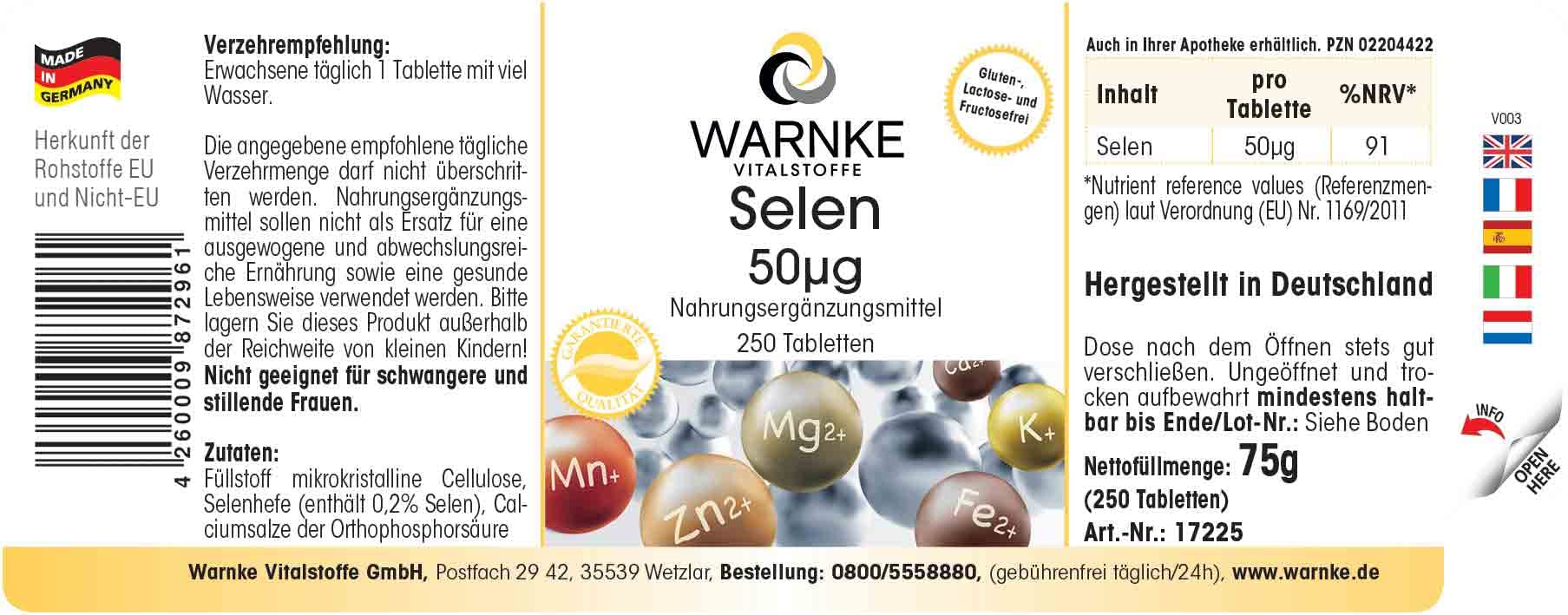 Selenio 50 mcg - 250 compresse - Antiossidante | Warnke Vitalstoffe - Qualità da farmacia tedesca