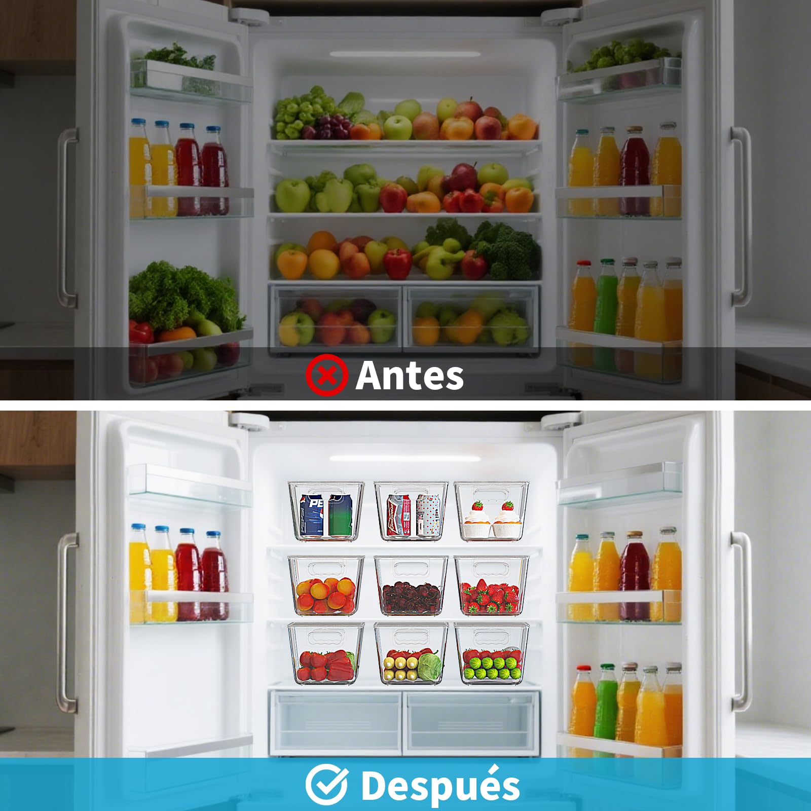 Paquete de 6 contenedores de almacenamiento transparentes con tapa, apilables y con asas fáciles de agarrar para armarios de cocina, despensa, refrigerador y congelador