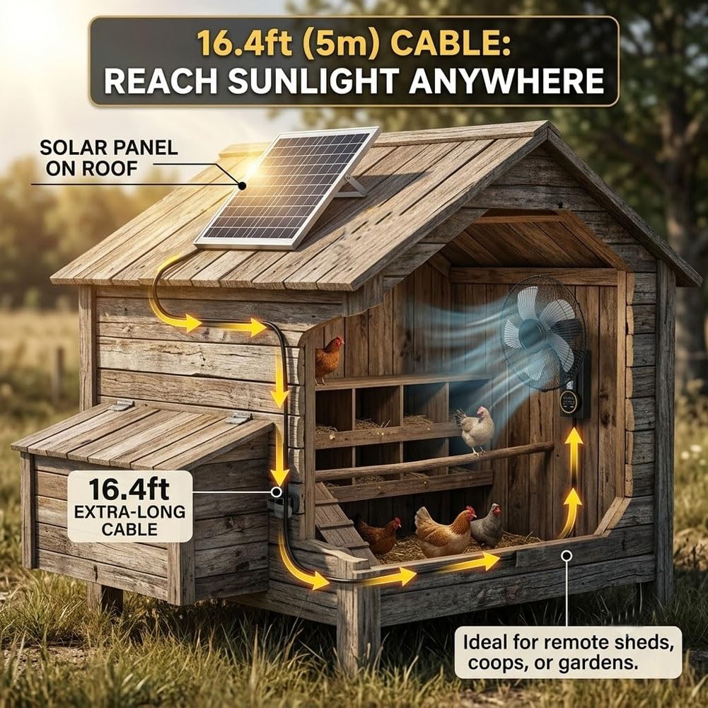 Generico Ventilatore da Parete Solare Esterno | Doppia Alimentazione, Cavo 5m, Impermeabile, Oscillante con Telecomando per Garage e Officina