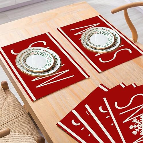 Miniatura 3 de XMNTG Juego de 4 manteles individuales de Navidad, manteles individuales de Navidad, copos de nieve roja, manteles individuales de mesa de invierno,