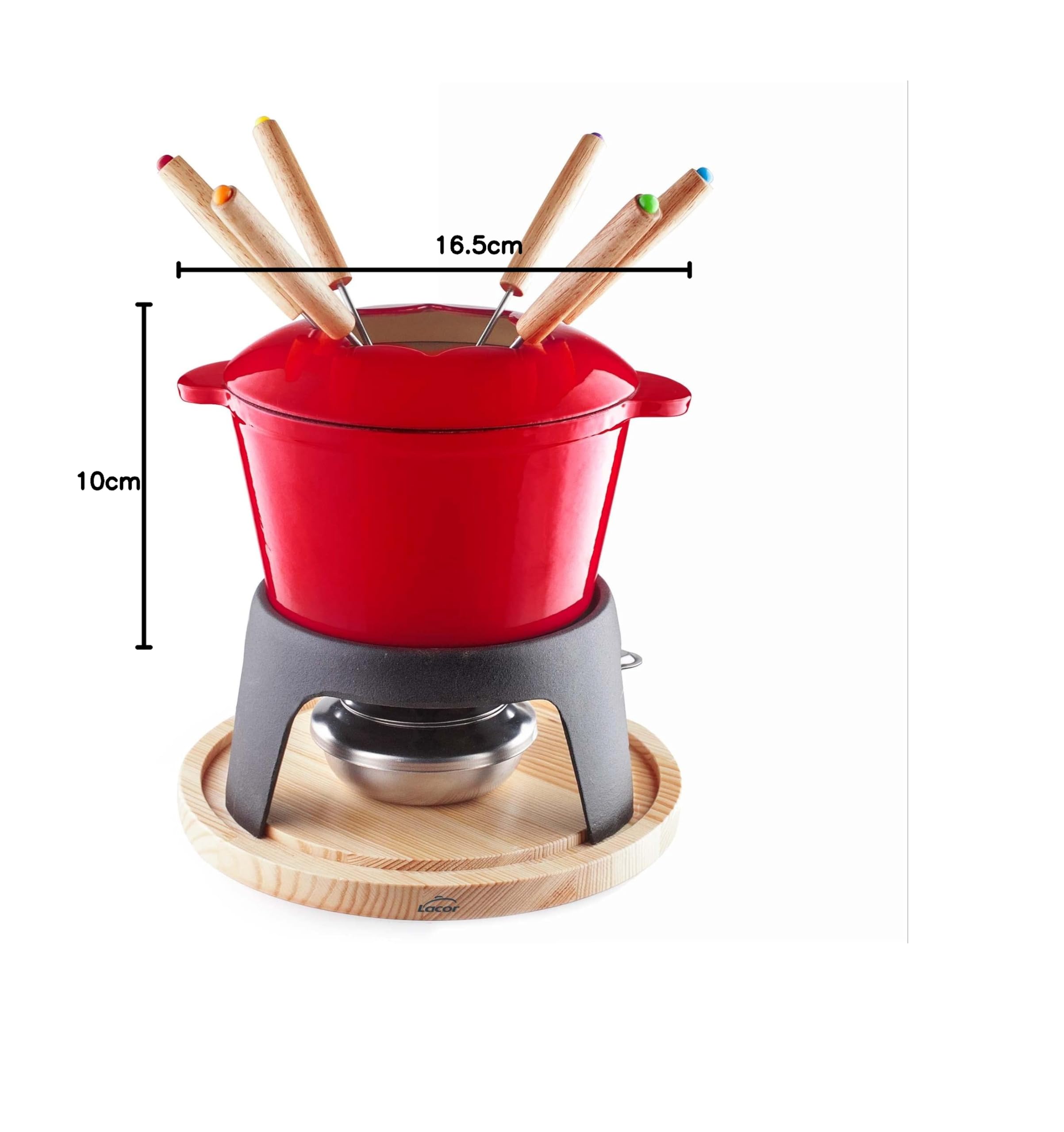 Lacor - 71711 - Service à fondue en fer forgé émaillé, support en fer avec base en bois, adapté à l'induction, 6 fourchettes Ø 16,5 x 10 cm (1,7 litres), Rouge