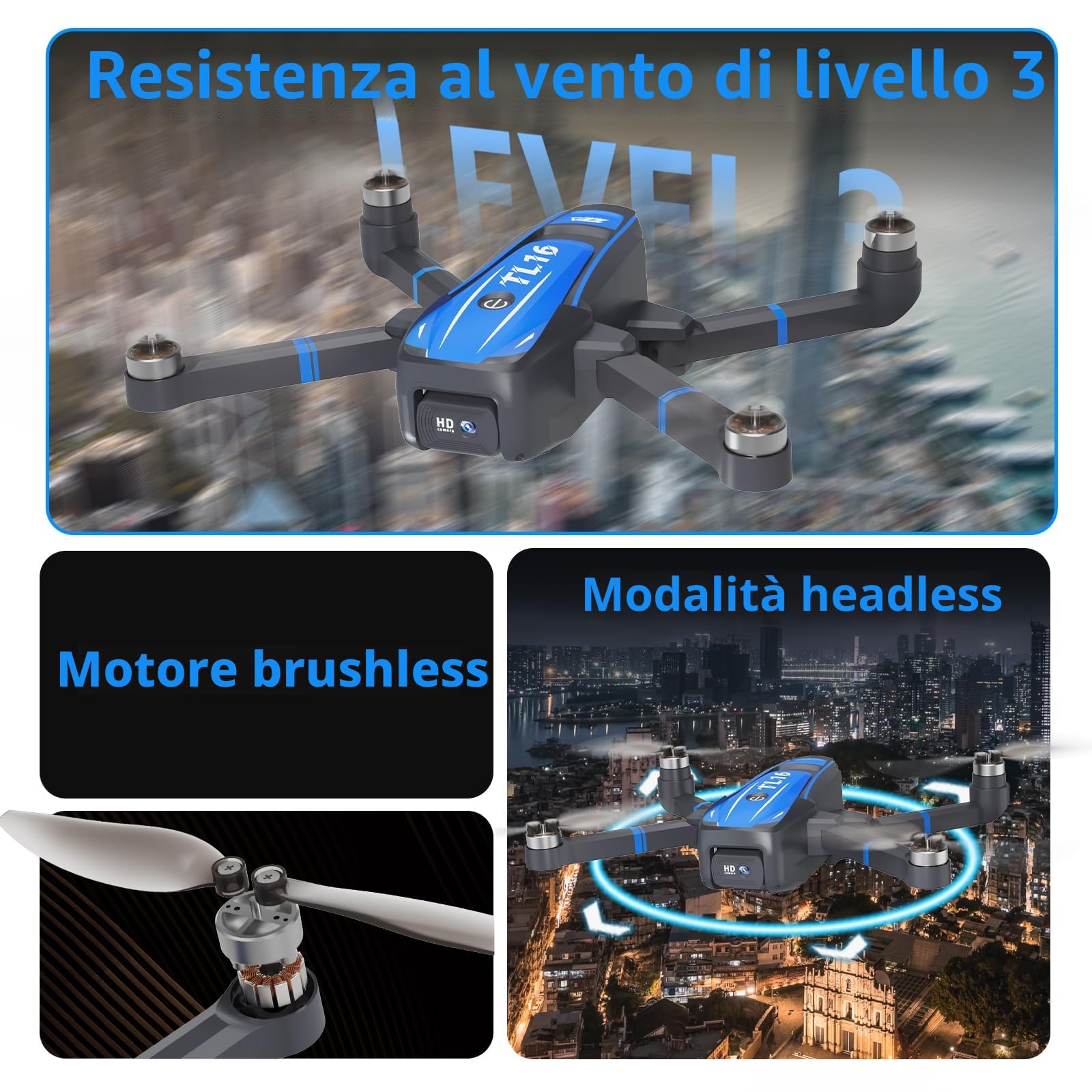 Toladrone TL16 Brushless Motor Droni per Principianti, Mini Drone con Fotocamera 4K RC Pieghevole Quadcopter per Adulti, Modalità Senza Testa 360° Flip Mantenimento Dell'altitudine, Blu