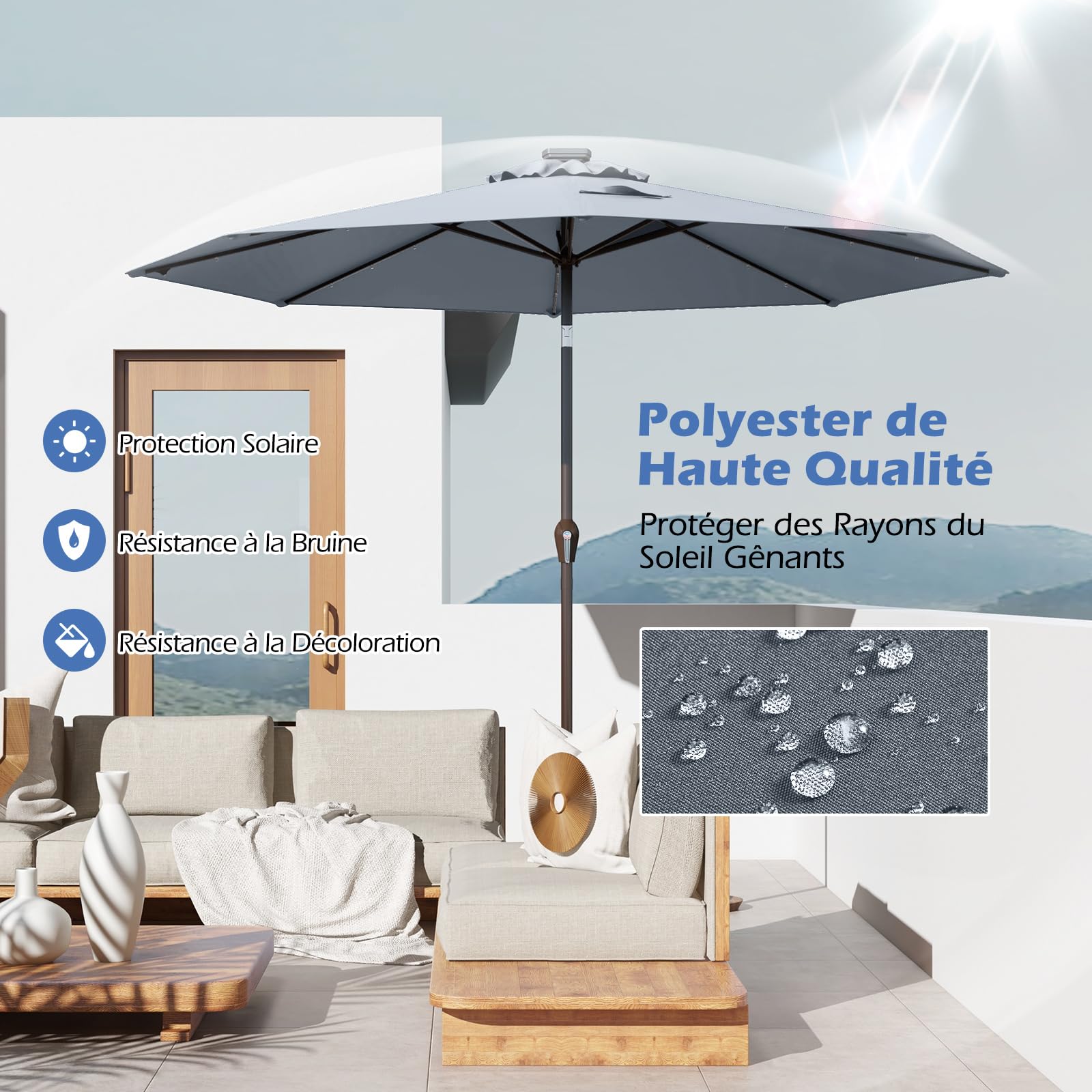 RELAX4LIFE Parasol Inclinable LED 3M à 8 Baleines en Fibre de Verre, Gris