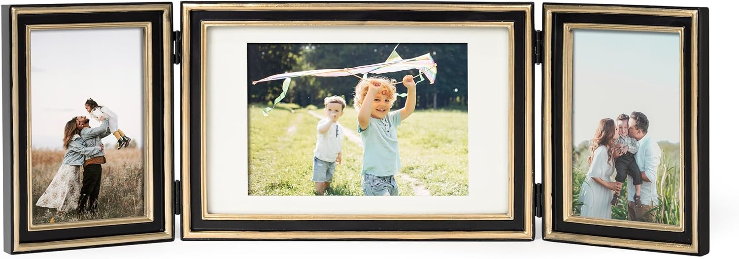 AELS 4x6 Black and Gold Resin Hinged Picture Frame Set, Luxury Antique Photo Frame Collage, Vintage Triple Picture Frames, Trifold Photo Display with Real Glass, Desktop Tabletop Decor, Gift Ideas