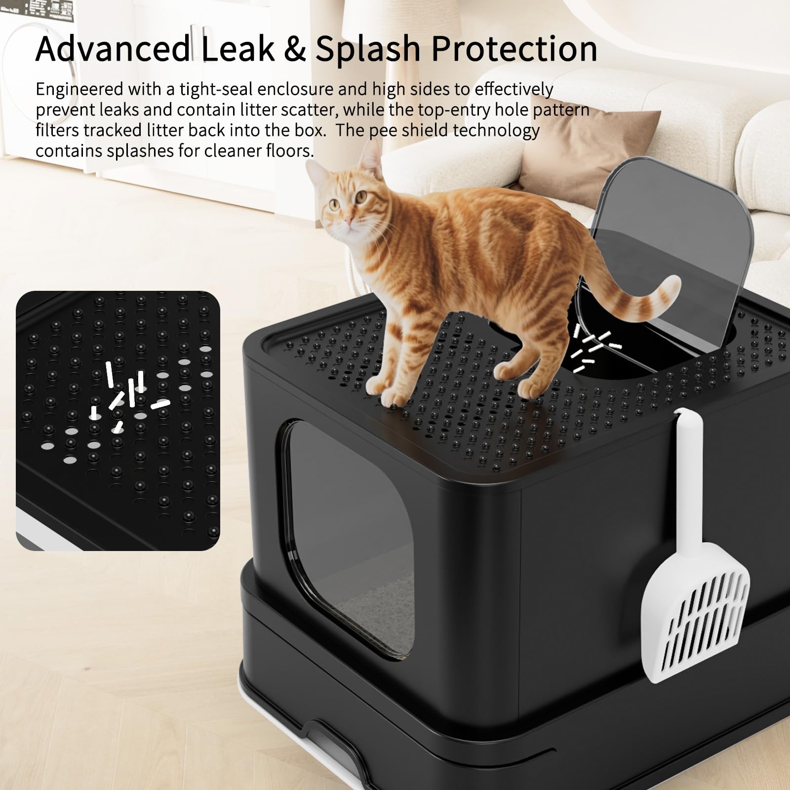 RIZZARI Stainless Steel Cat Box: Spacious Black Enclosed Top-Entry - Teflon Coated Pan Resists Sticking - Reduces Tracking & Odor - Leakproof & Easy to Clean - Fits Large Cats in Living Room Garage - image 5