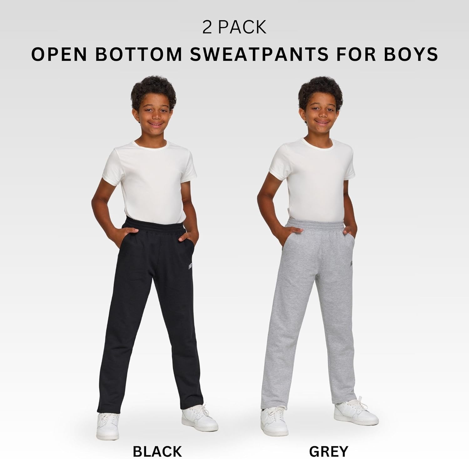 New Balance Boys Open Bottom Active Sweatpants – 2 Pack Soft Cotton Fleece Blend Pull-On Straight Leg Sweats, Sizes 4-20 Black/Grey 8