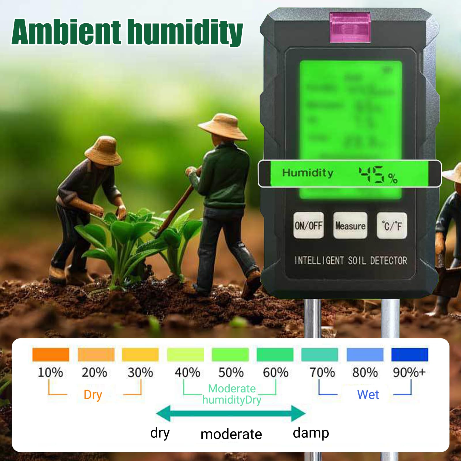 GAESHOW Misuratore PH Terreno 6 in 1, Misuratore del Suolo Digitale con Fertilità del Suolo, umidità, Temperatura, Luce Ambientale, umidità con Display LCD per Giardino, Prato e Piante