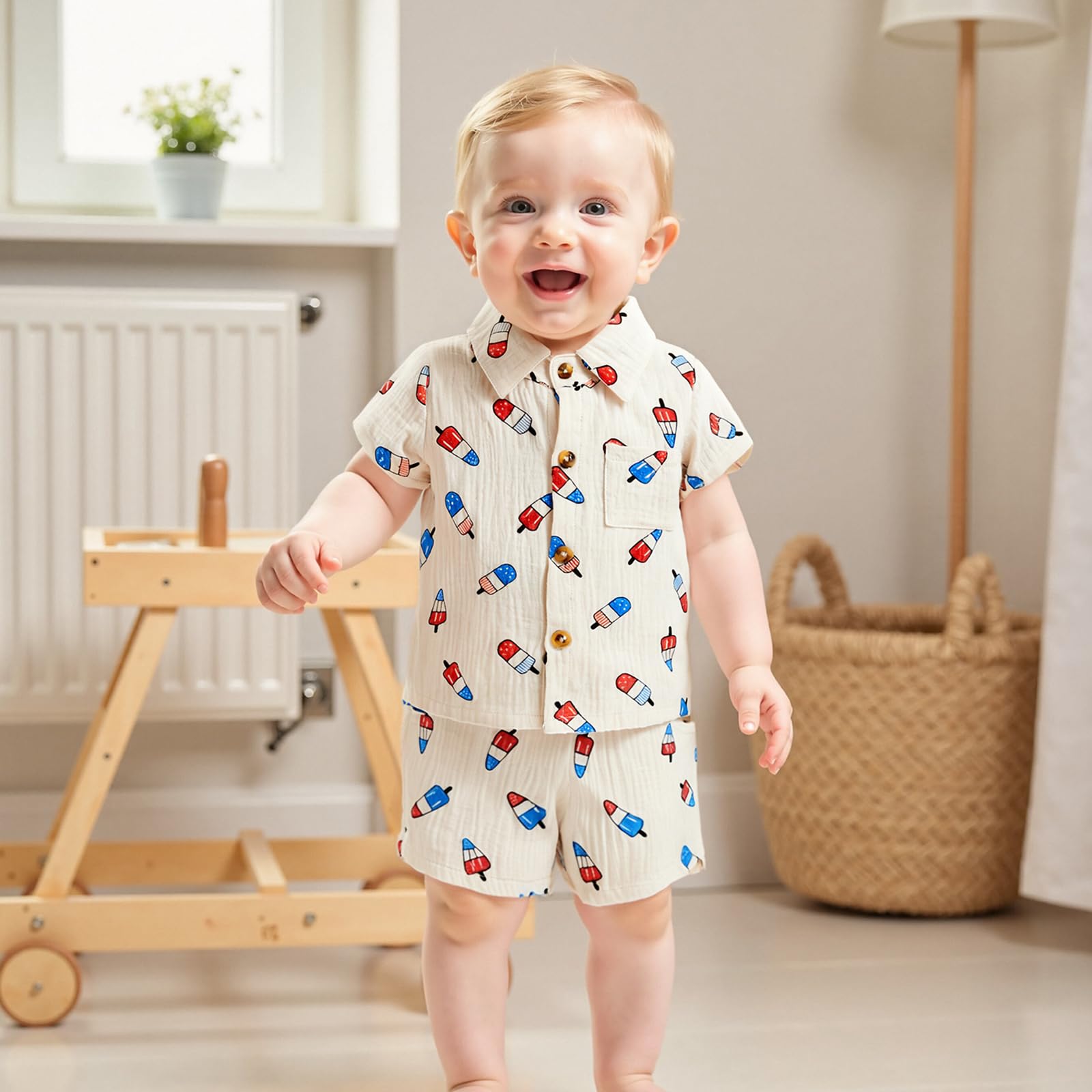 Mobbdow Baby Boy 4th of July Clothes Popsicle Muslin Button Down Short Sleeve Shirts and Shorts Set Toddler Patriotic Outfit (Light Khaki, 2-3 Years)