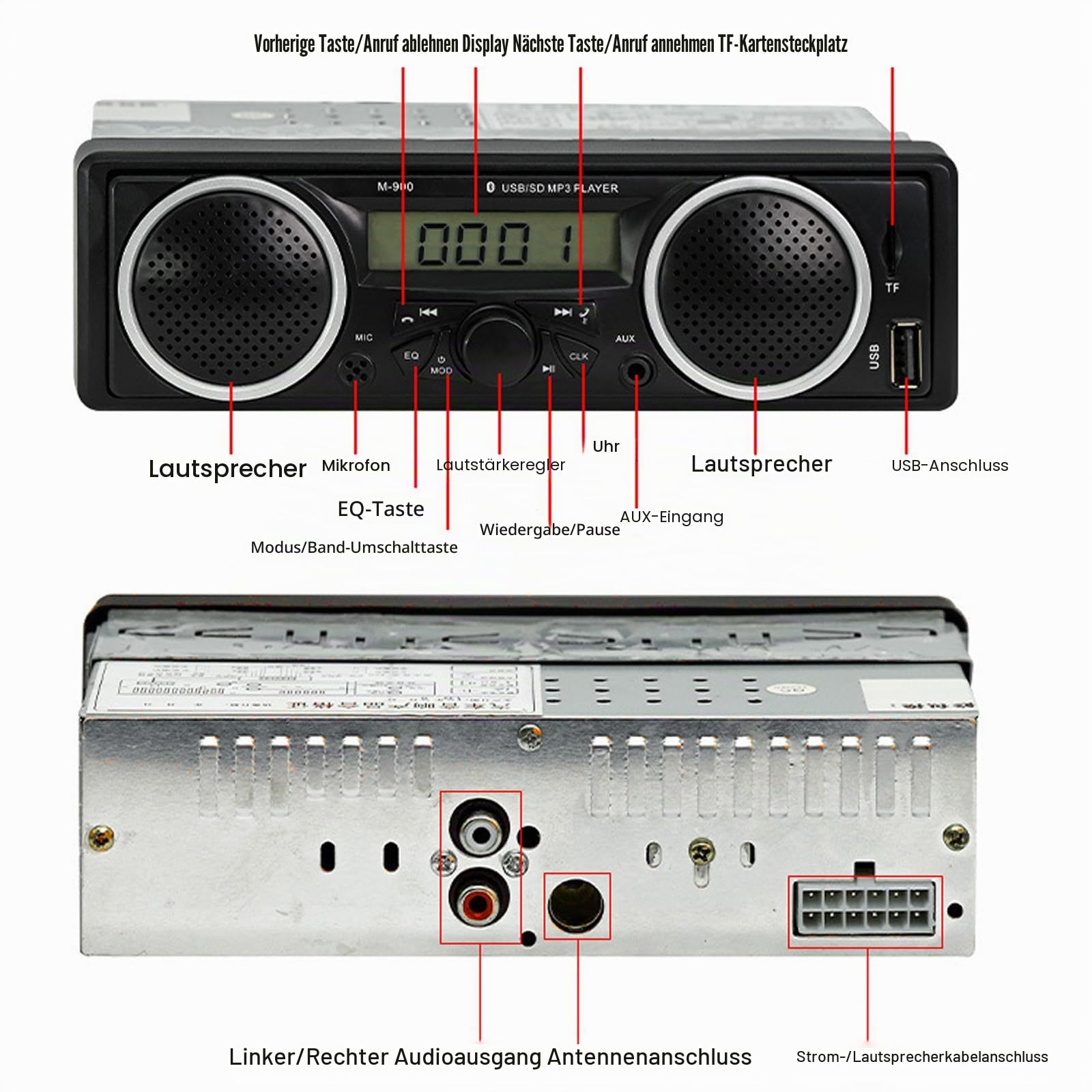 Single Din Auto-Stereo-Bluetooth, 1 DIN 12 V-24 V Autoradio mit zwei eingebauten Lautsprechern, Auto-FM-Audio-Multimedia-Player mit USB-AUX-Eingang, TF-Kartenanschluss