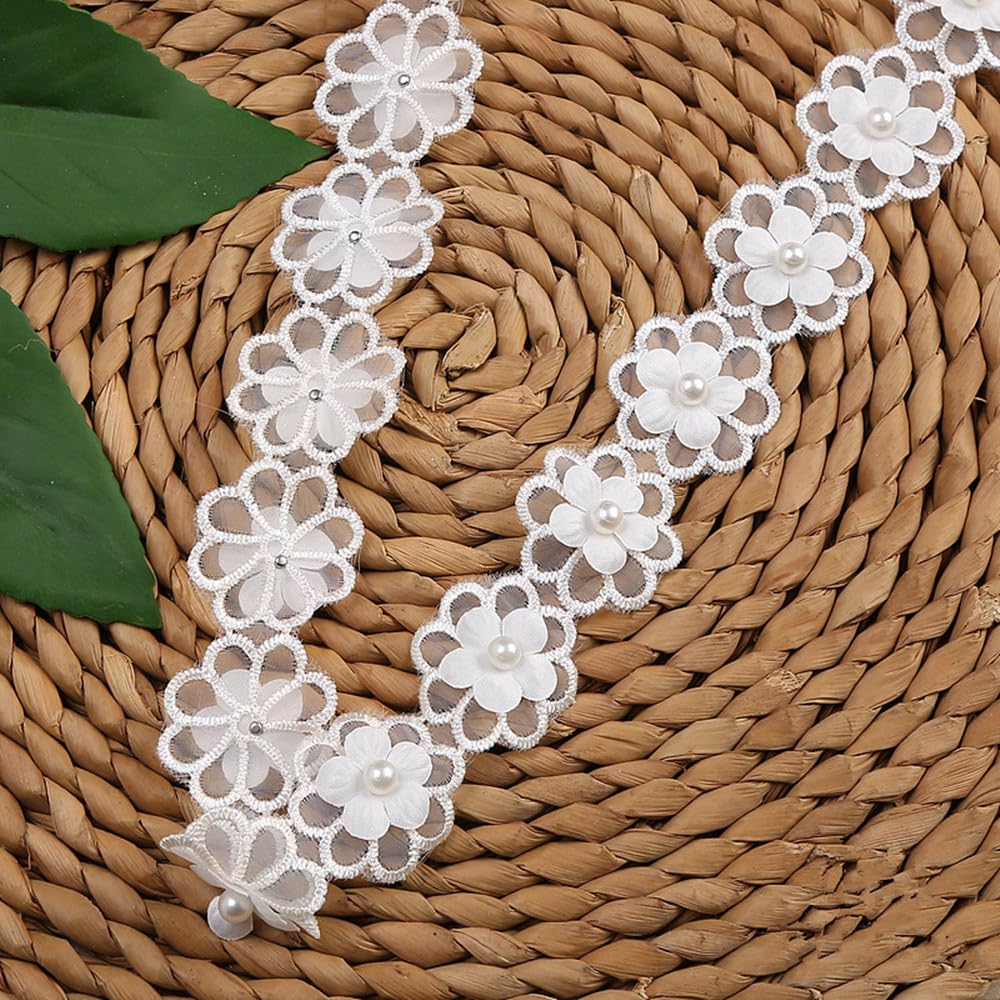2 Yard Pearl Flower Beads Lace Edge Trim Ribbon 3cm Vintage Embroidered Edging Trimmings Applique Sewing Craft (White)