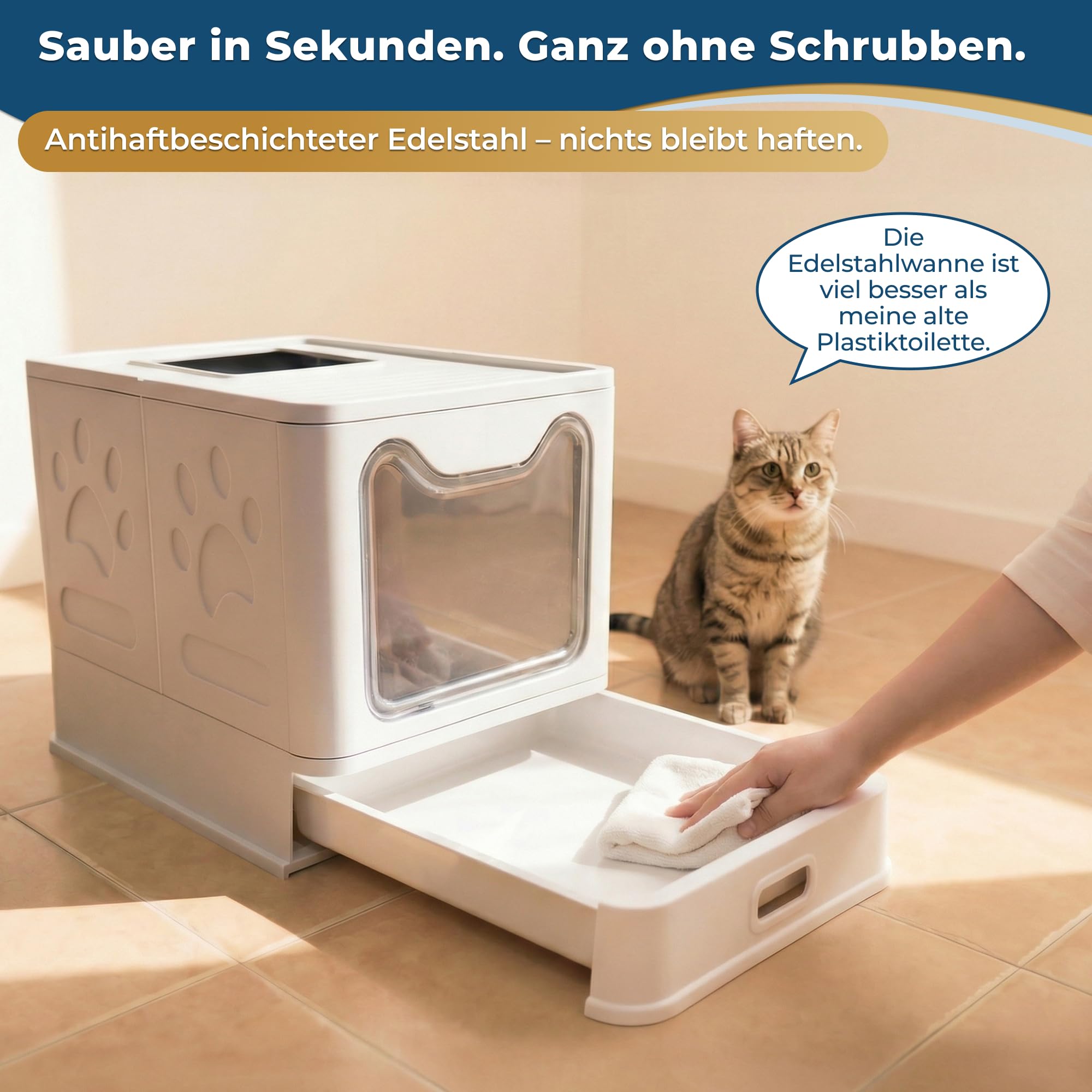 Katzenklo Edelstahl mit Deckel, Faltbare Geschlossene Katzentoilette mit Schublade, Geruchsfrei, Auslaufsicher, Leicht zu Reinigen, Doppelter EIN-/Ausgang, Mit Schaufel, (38,3×51×41 cm) – Weiß
