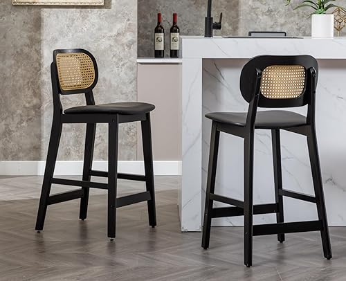 Miniatura 6 de EALSON Juego de 2 taburetes de bar con respaldo de ratán, sillas de bar modernas de madera de mediados de siglo, cómodas sillas de isla de cocina