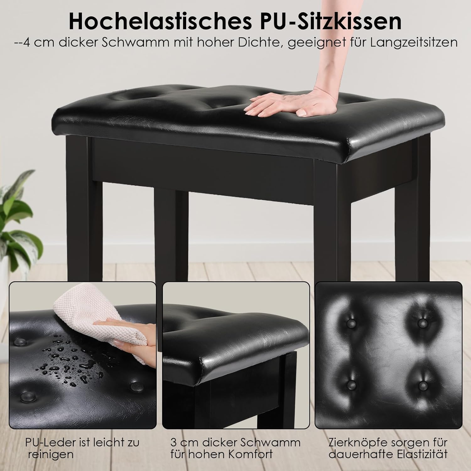 Clevich Klavierbank 200kg Tragkraft mit PU-Lederkissen & Stauraum - Massivholz-Pianohocker 75x35x49cm, Zweisitzer mit rutschfesten Füßen, Schwarz (75 * 35 * 49cm)