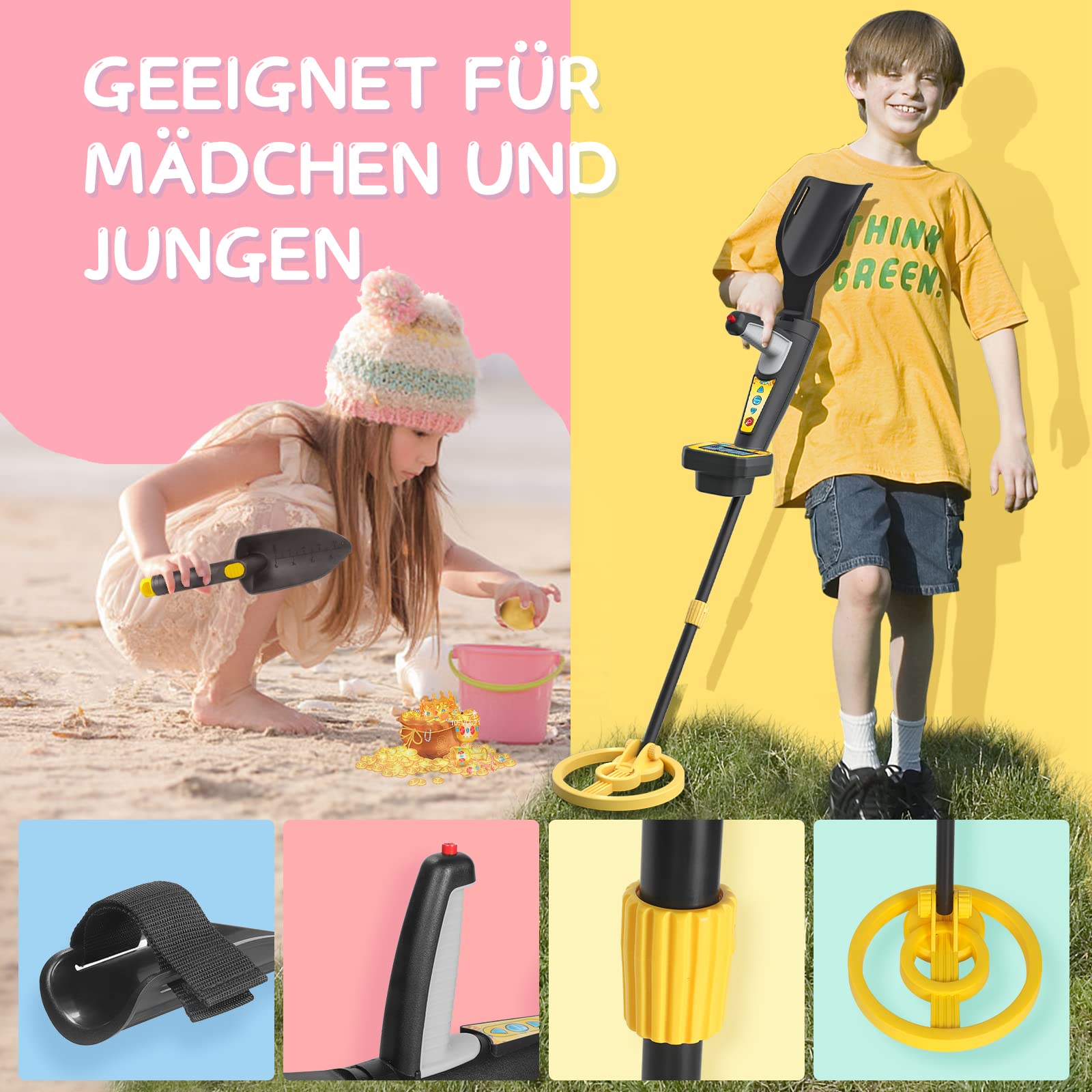 Metalldetektor für Kinder, Metalldetektor Wasserdicht mit LCD-Display, Golddetektor mit Schaufel und Rechen für Strand Schatzsuche & Outdoor Erkundung (Gelb)