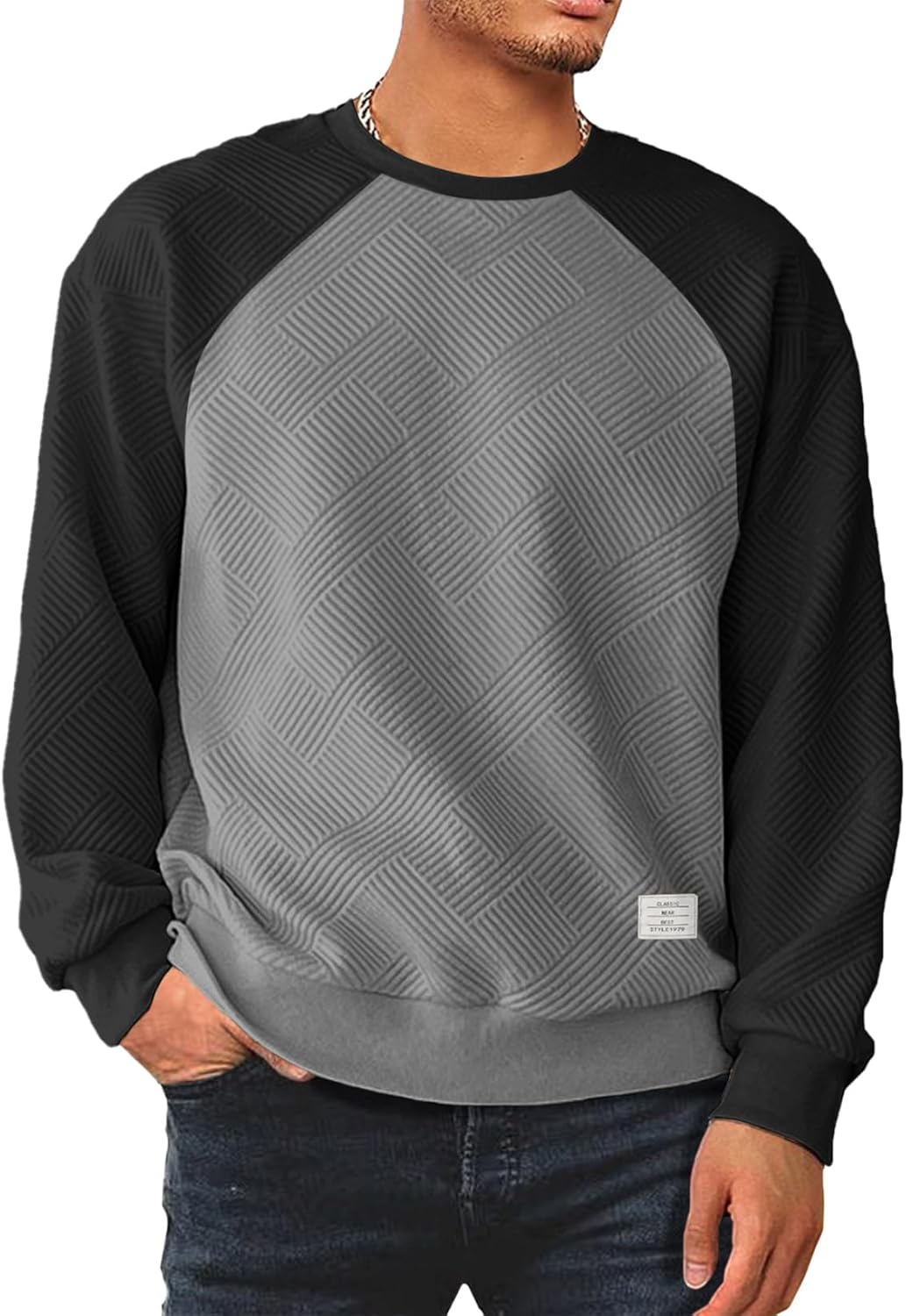 Meilicloth Sweatshirts for Men 2024 Casual Contrast Color Geometric Texture Pullover Casual Long Sleeve Shirts Patchwork Tee Top