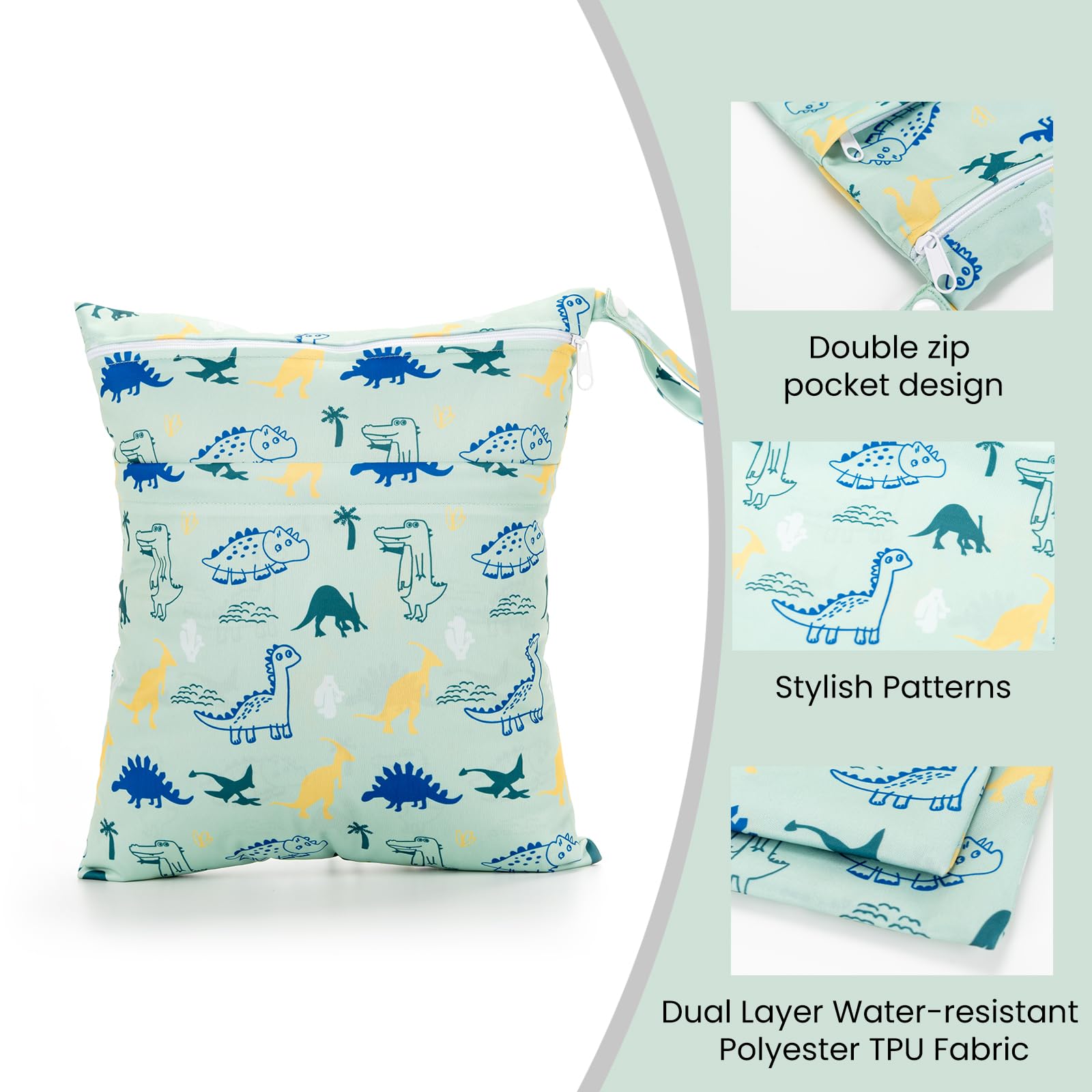 fanksoow 2Pcs Wet Bags, Waterproof Travel Beach Baby Cloth Diaper Wet Dry Bags for Soiled Baby Clothes Swimsuits (Dinosaurs) - Image 4