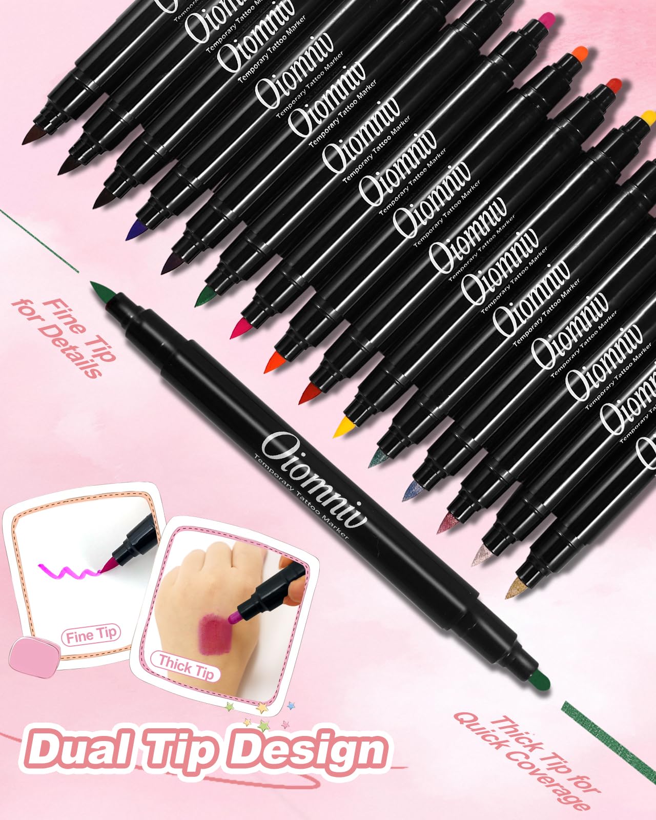Tatouage Temporaire Stylo, 15PCS Stylos de tatouage Peau Marqueurs de corps double extrémité pour les Adultes Enfants, 62 Maquettes 2 Autocollants pour Carnaval, Halloween, Fête D'anniversaire