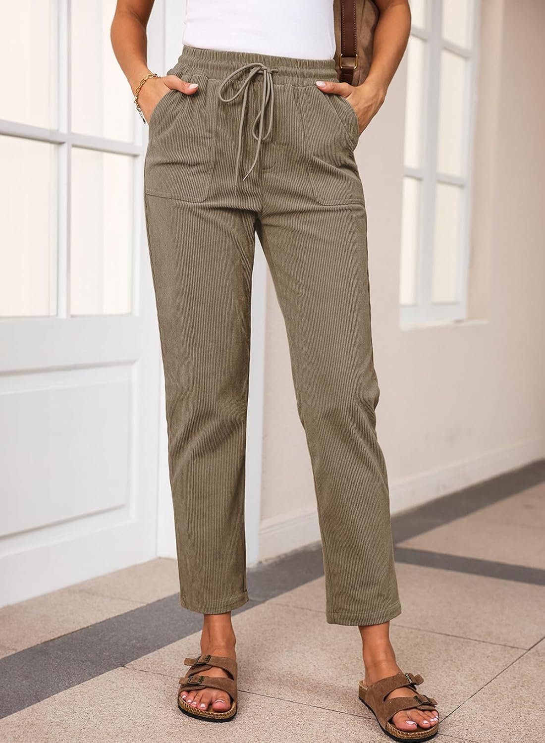 EVALESS Corduroy Pants for Women Casual Drawstring Elastic High Waist Straight Leg Pants Loose Comfy Trousers with Pockets - Image 2