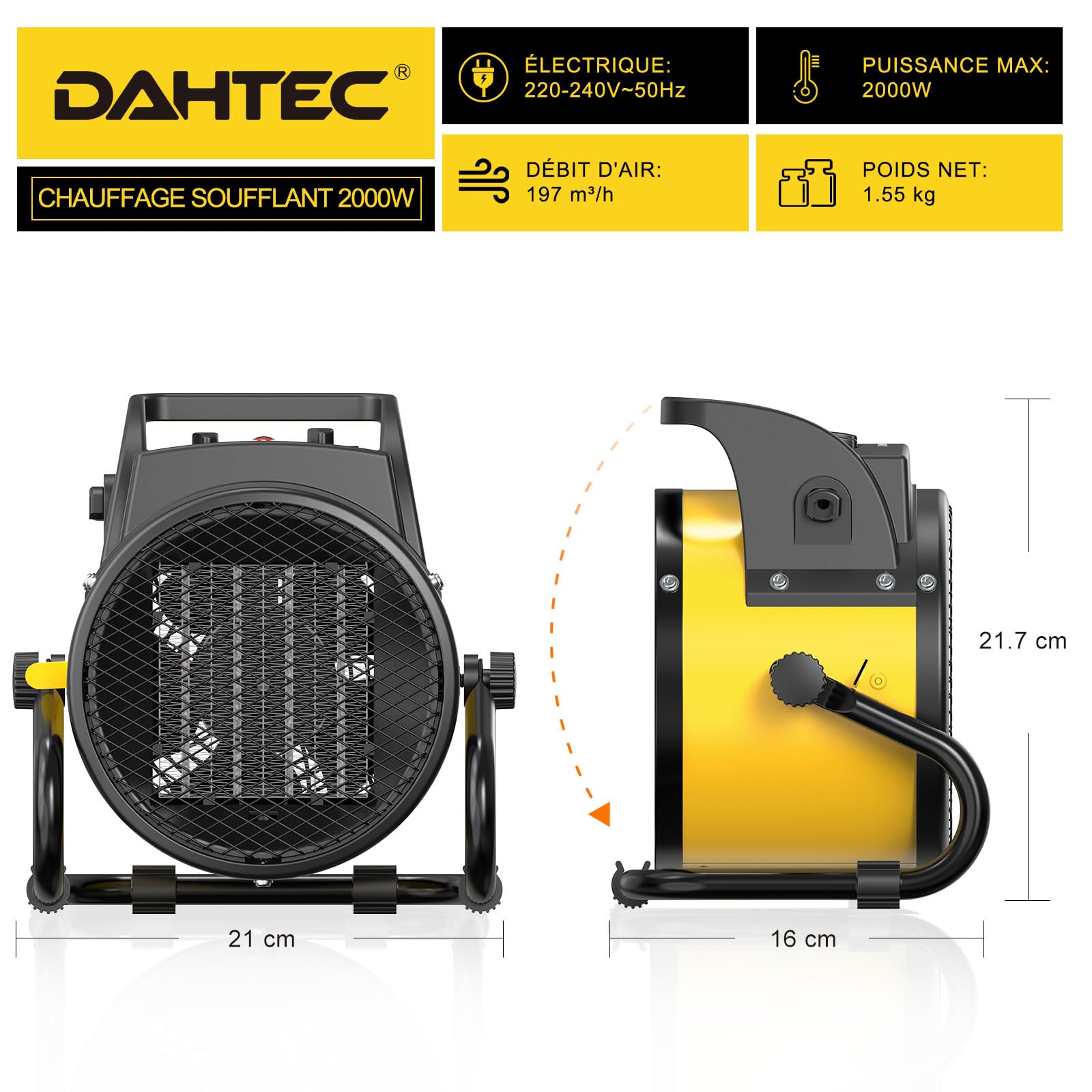Chauffage Soufflant 2000W - Chauffe Rapide & Économie d'Énergie - Industriel Radiateur électrique - Angle Réglable & Thermostat - Idéal pour la Maison, Atelier et la Chantier