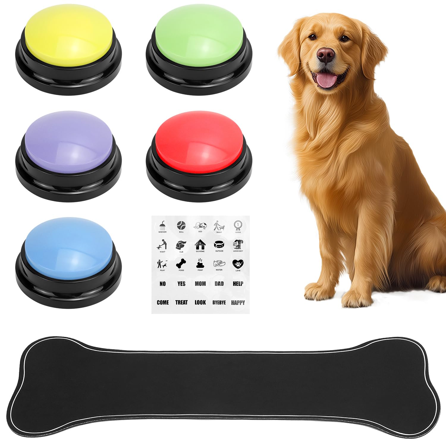 QWORK® 5 Colores Botones de Entrenamiento para Perros grabables, Juguete de Inteligencia para Perros, Incluye 25 Pegatinas, Pilas no Incluidas