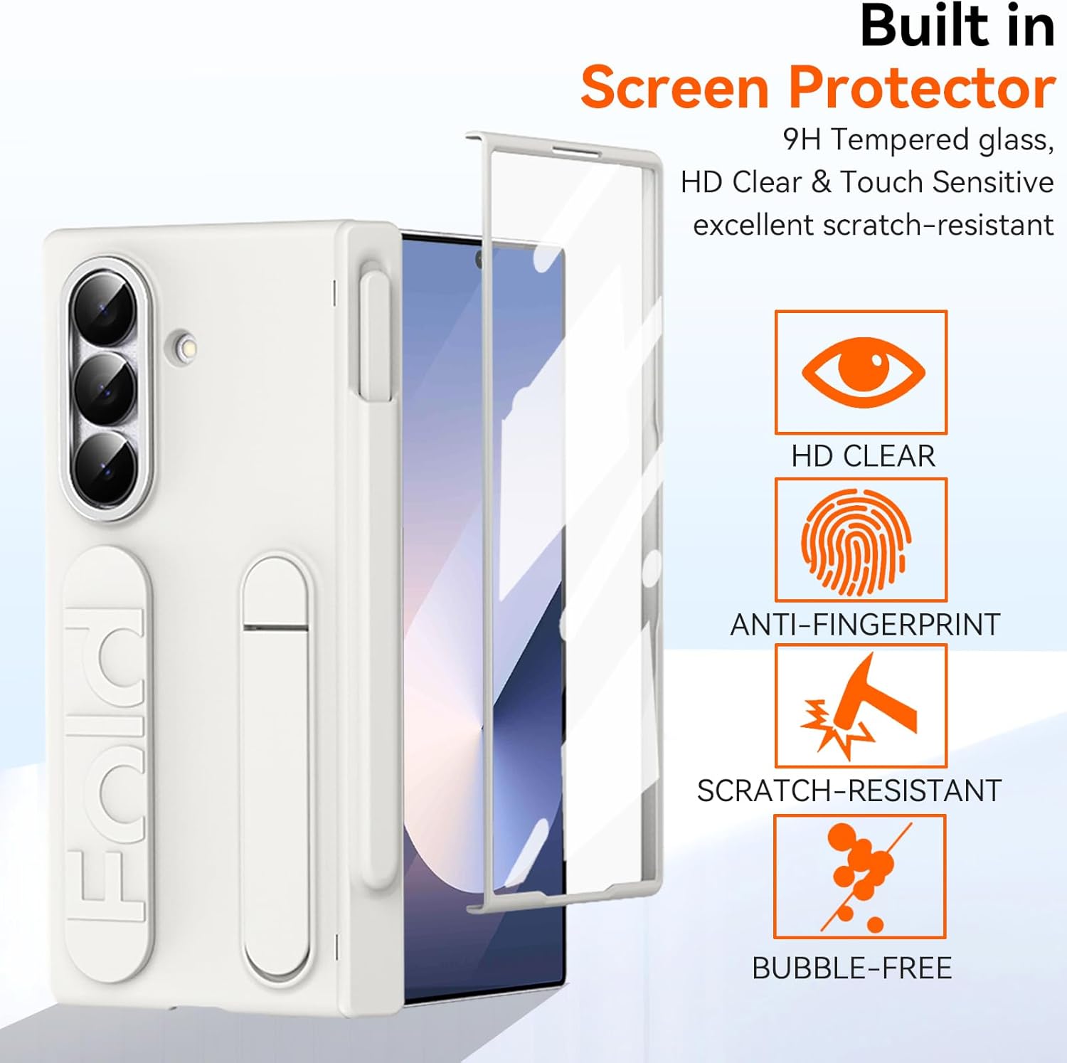 Finger Strap for Samsung Galaxy Z Fold 6 Case with S Pen Holder & Stylus, [Two Hinge Cover] Built inScreen Protector Kickstand Wristband Full Coverage Slim Protective Case for Z Fold 6 White