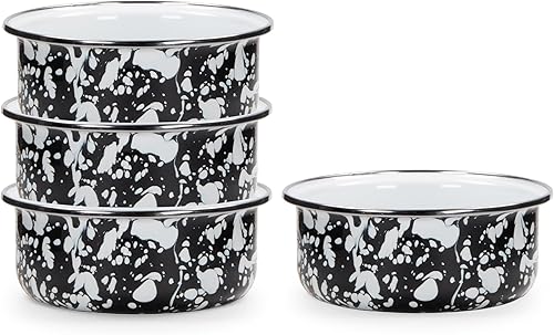 Golden Rabbit Enamelware - Juego de 4 cuencos de sopa de 14 oz (remolino negro)