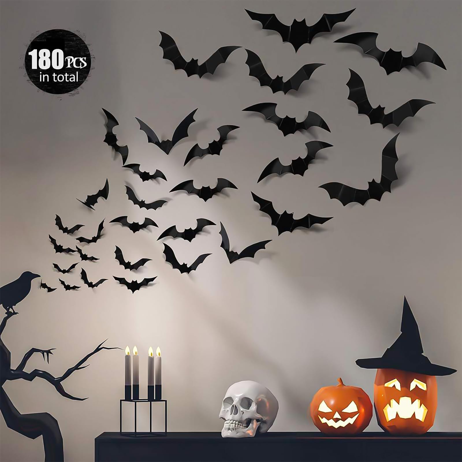 Dekoracje na Halloween, 180 szt., PCW, 3D, straszne nietoperze, dekoracja ścienna, naklejki na Halloween, nietoperz, 4 rozmiary, DIY, Halloween, nietoperz, naklejki ścienne do dekoracji domu